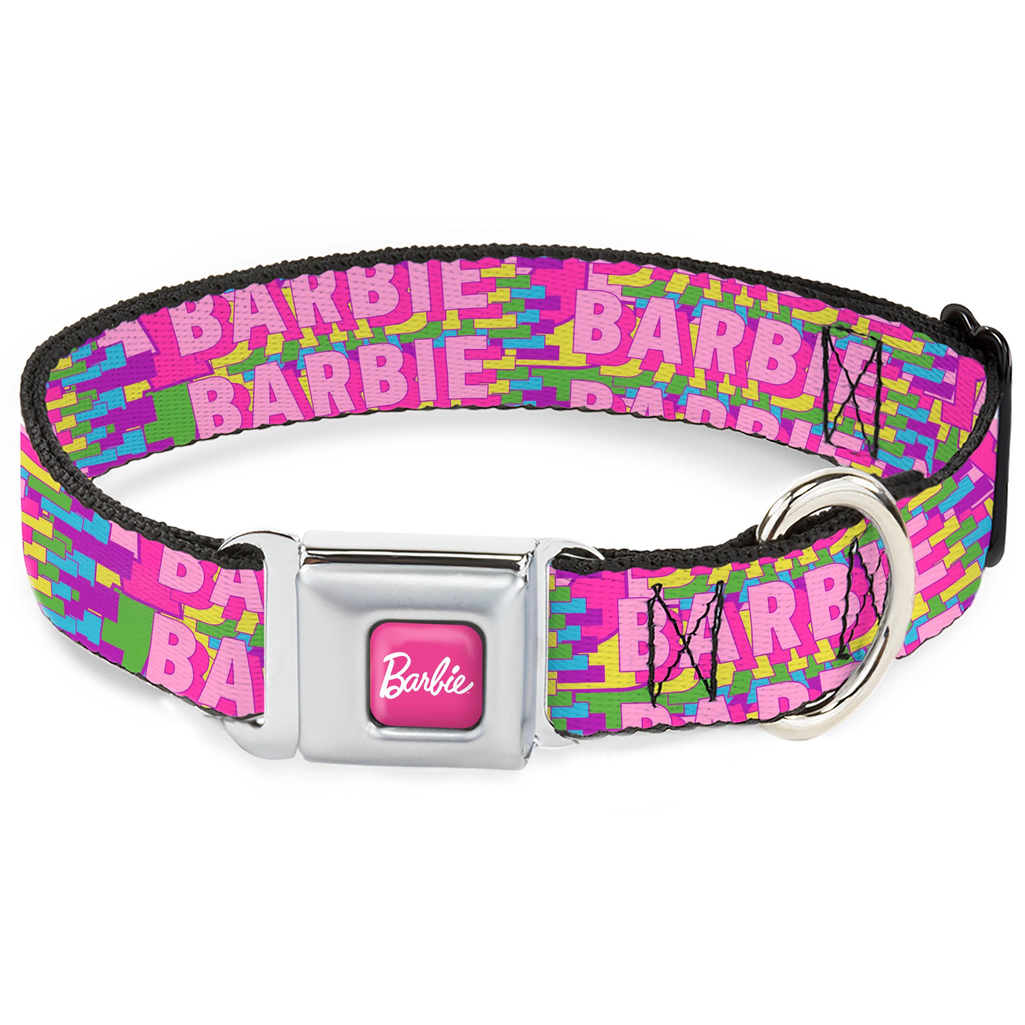 BARBIE Script Signature Full Color Hot Pink/White Seatbelt Buckle Collar - BARBIE Bold Text Stacked Pink/Multi Color Seatbelt Buckle Collars Barbie