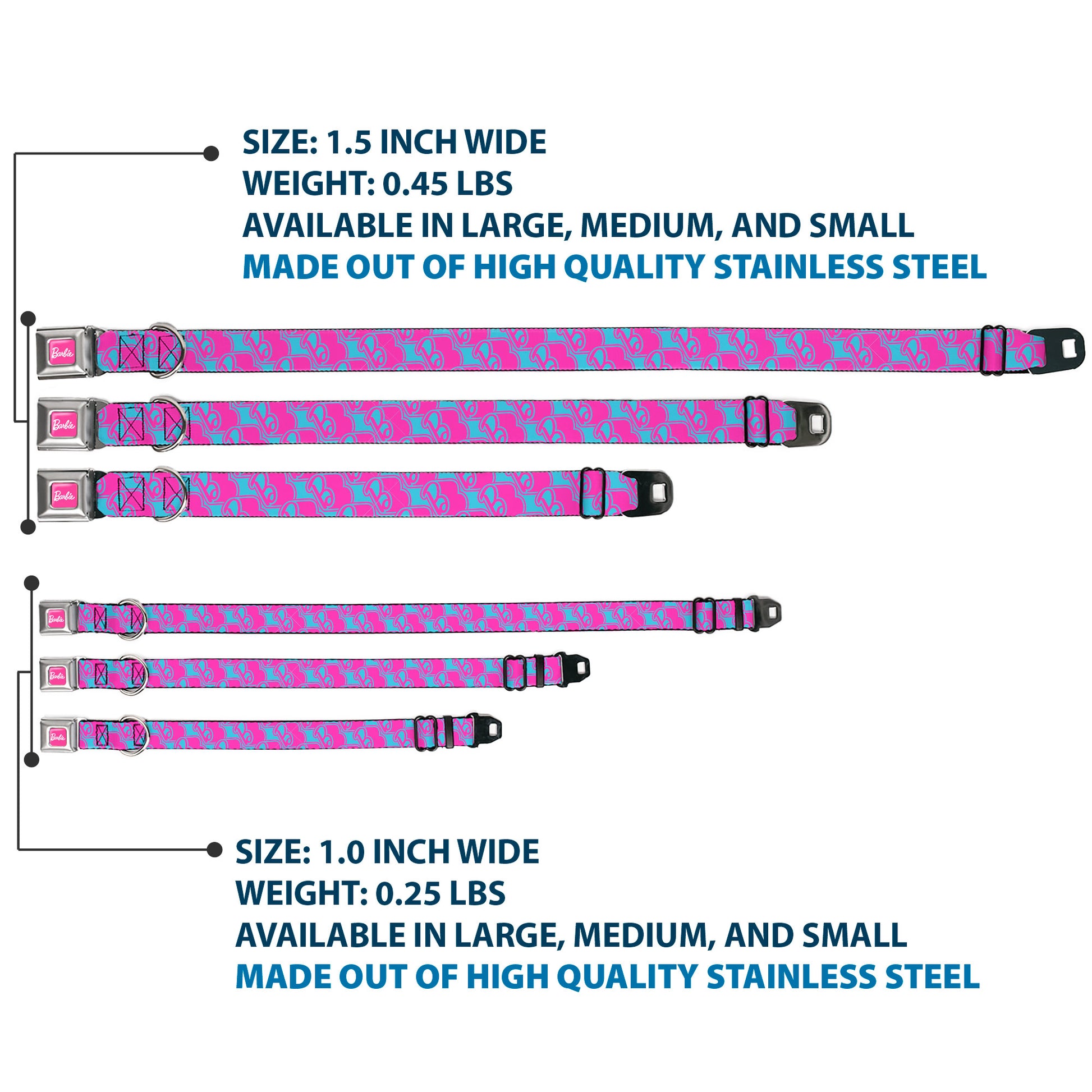 BARBIE Script Signature Full Color Hot Pink/White Seatbelt Buckle Collar - Barbie B Icon Blue/Pink Seatbelt Buckle Collars Barbie