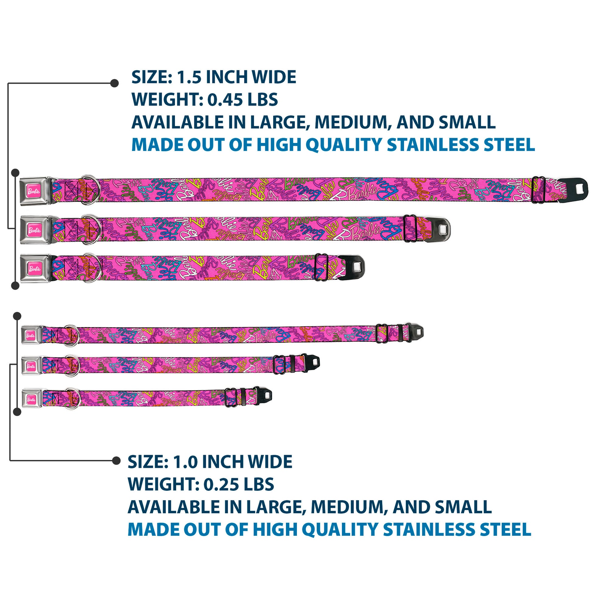 BARBIE Script Signature Full Color Hot Pink/White Seatbelt Buckle Collar - BARBIE Script Signature Scattered Pink/Multi Color Seatbelt Buckle Collars Barbie