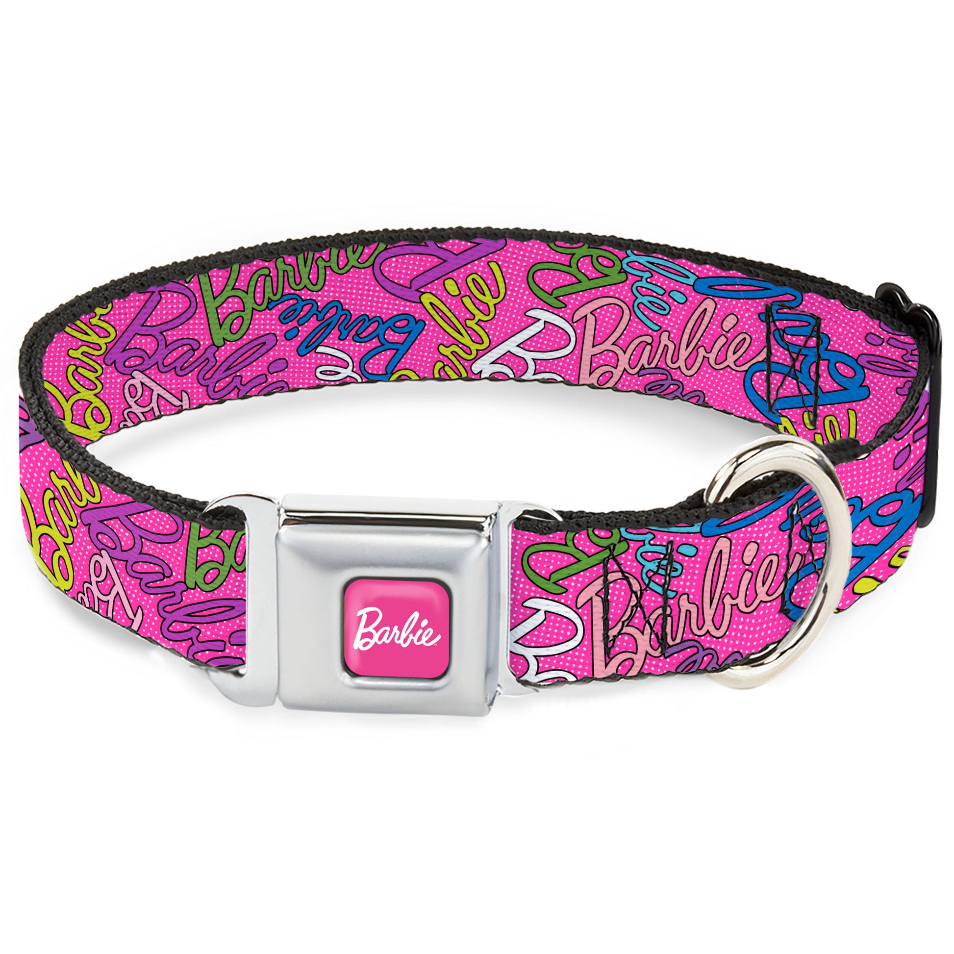 BARBIE Script Signature Full Color Hot Pink/White Seatbelt Buckle Collar - BARBIE Script Signature Scattered Pink/Multi Color Seatbelt Buckle Collars Barbie