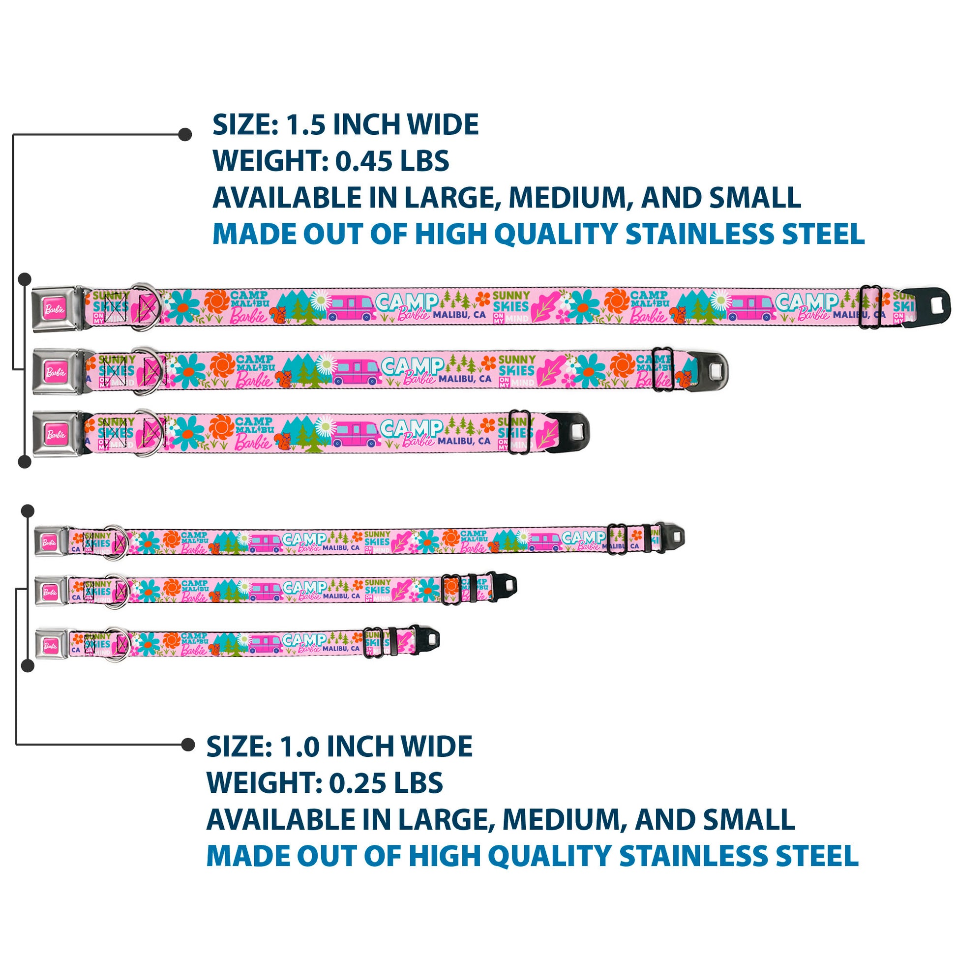 BARBIE Script Signature Full Color Hot Pink/White Seatbelt Buckle Collar - CAMP BARBIE MALIBU Icons Collage Pink/Multi Color Seatbelt Buckle Collars Mattel