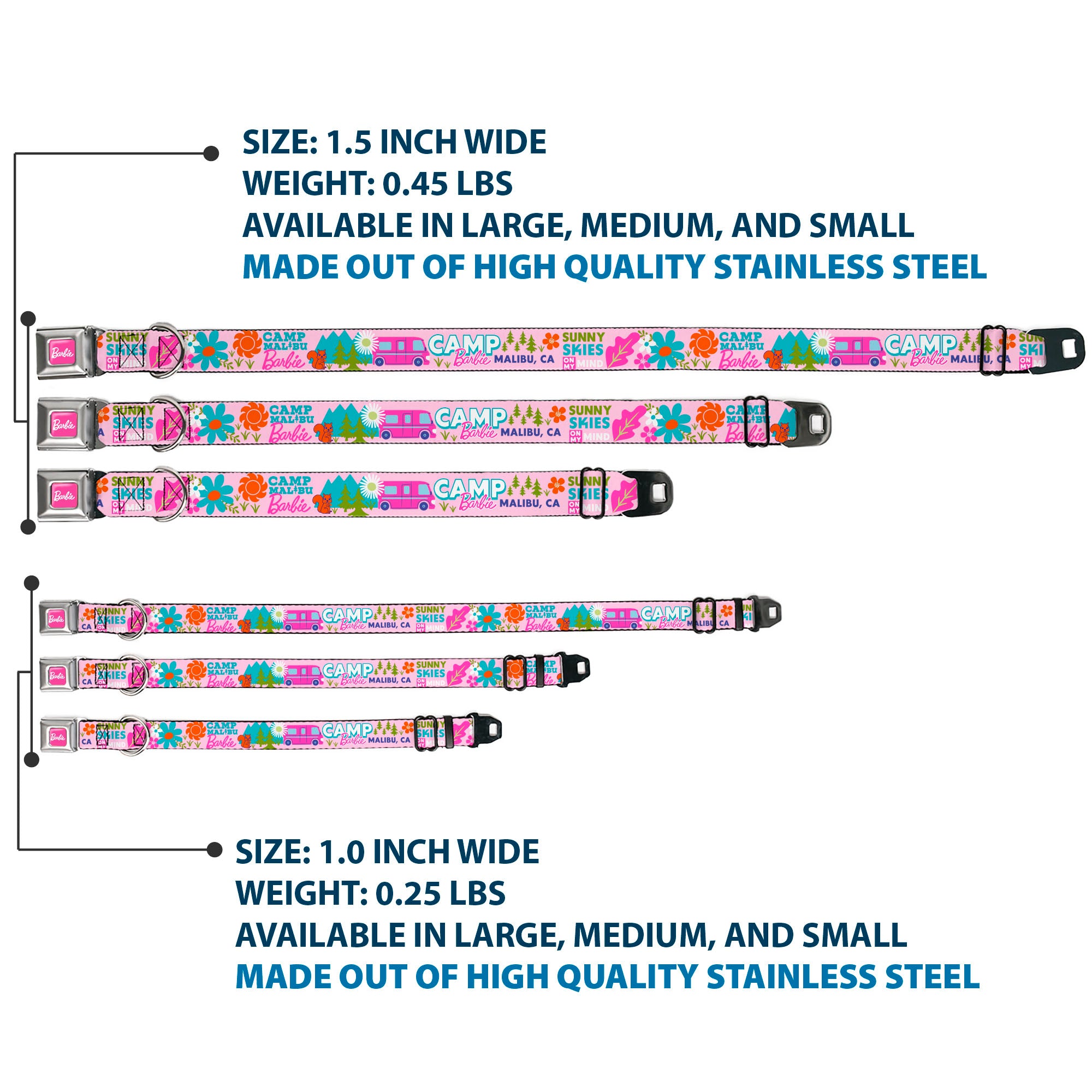 BARBIE Script Signature Full Color Hot Pink/White Seatbelt Buckle Collar - CAMP BARBIE MALIBU Icons Collage Pink/Multi Color Seatbelt Buckle Collars Mattel