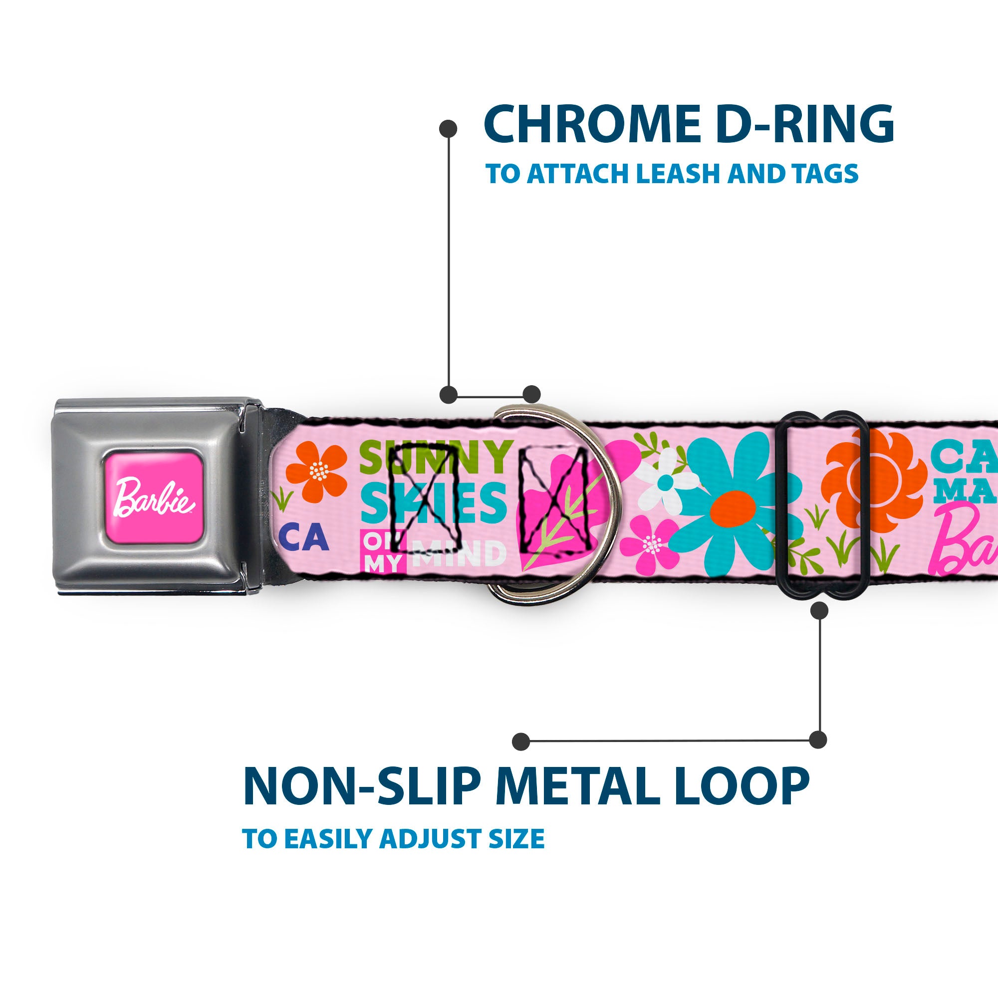 BARBIE Script Signature Full Color Hot Pink/White Seatbelt Buckle Collar - CAMP BARBIE MALIBU Icons Collage Pink/Multi Color Seatbelt Buckle Collars Mattel