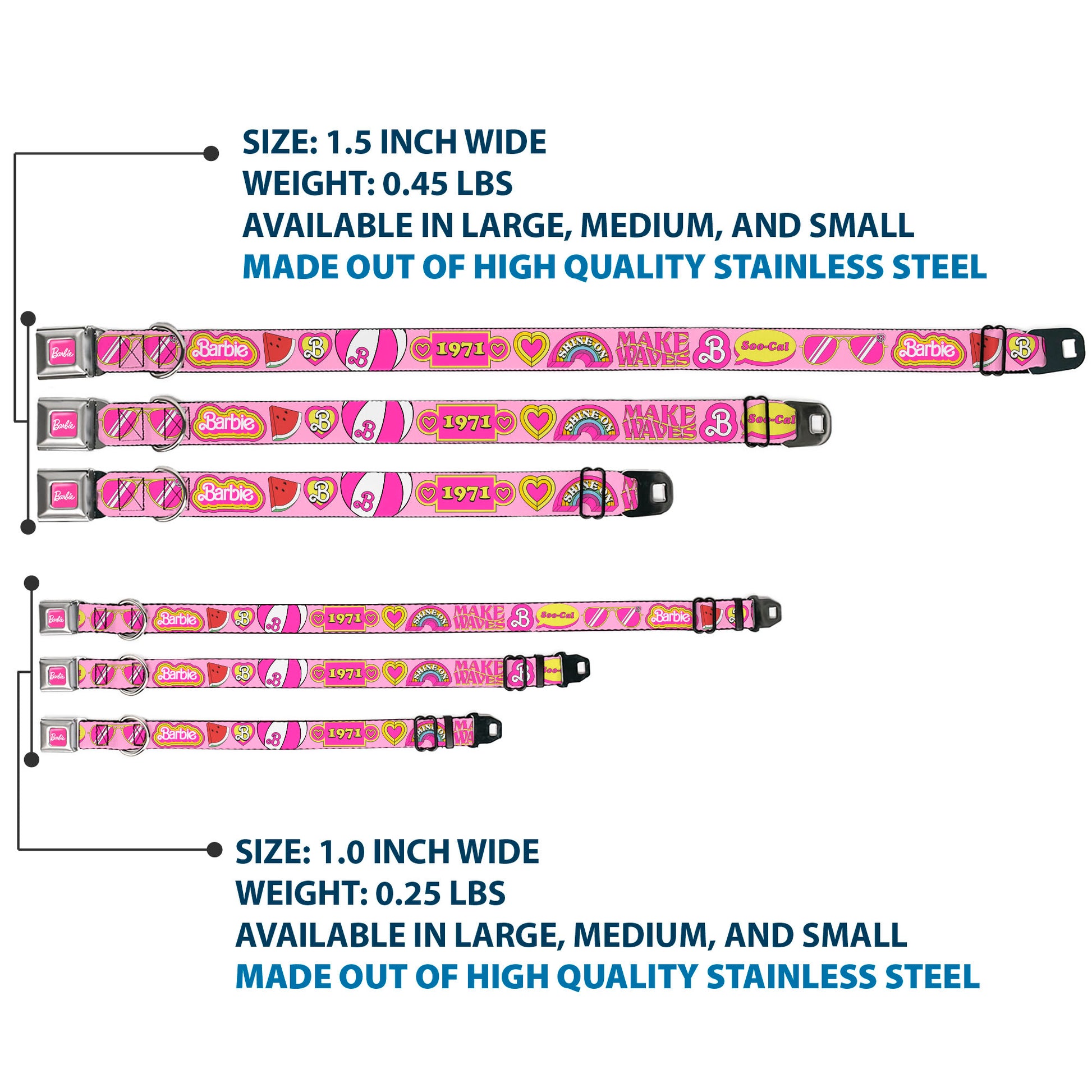 BARBIE Script Signature Full Color Hot Pink/White Seatbelt Buckle Collar - Malibu Barbie 1971 Icons and Quotes Pinks/Yellows Seatbelt Buckle Collars Barbie