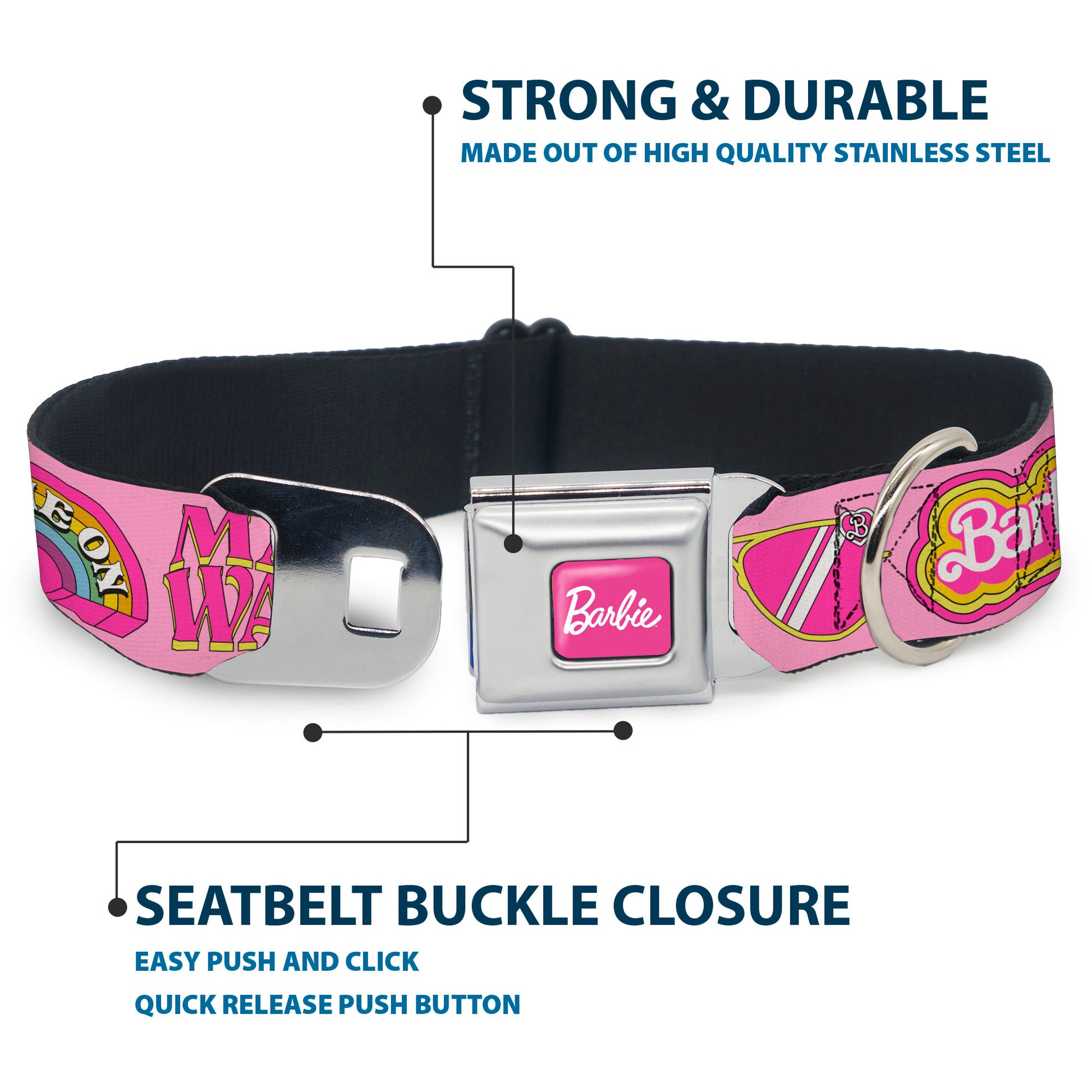 BARBIE Script Signature Full Color Hot Pink/White Seatbelt Buckle Collar - Malibu Barbie 1971 Icons and Quotes Pinks/Yellows Seatbelt Buckle Collars Barbie