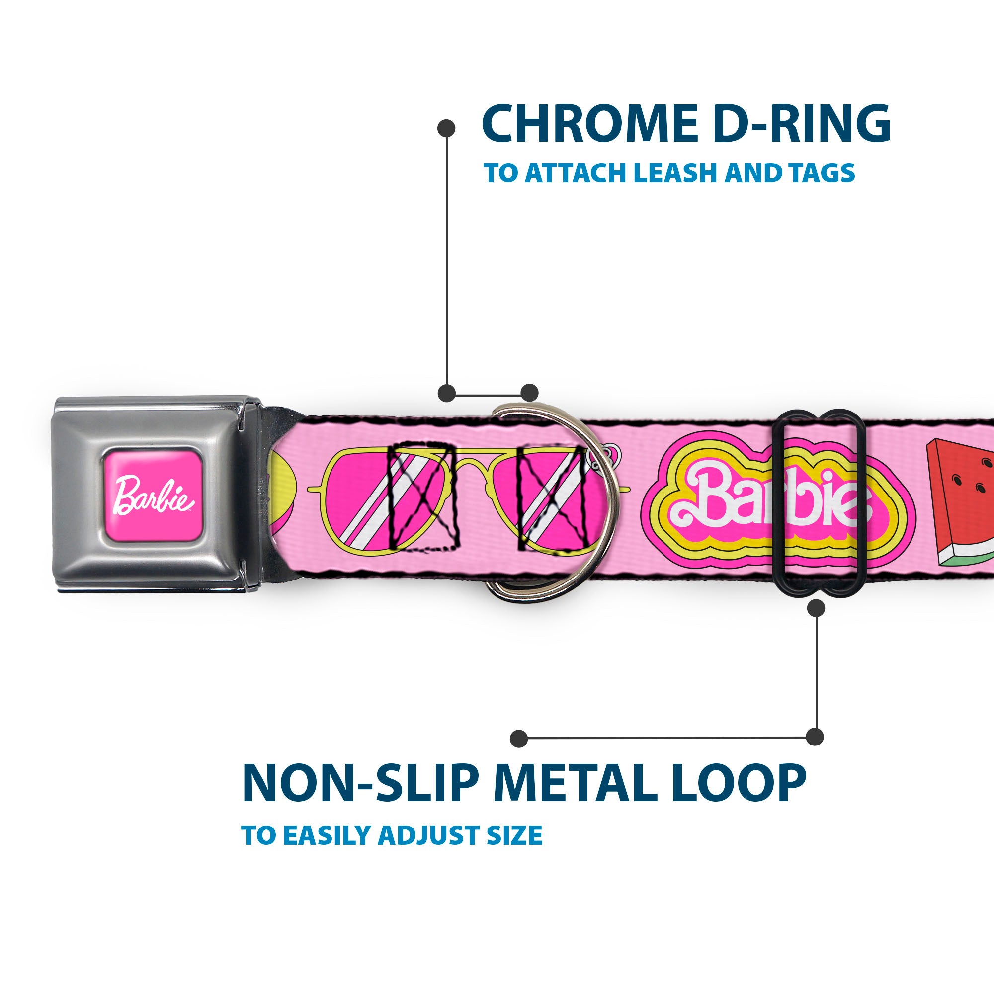 BARBIE Script Signature Full Color Hot Pink/White Seatbelt Buckle Collar - Malibu Barbie 1971 Icons and Quotes Pinks/Yellows Seatbelt Buckle Collars Barbie