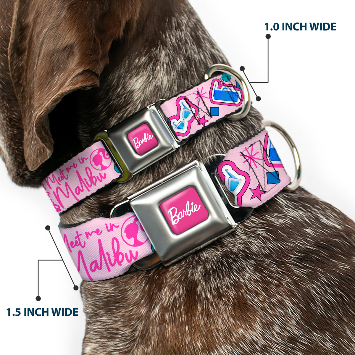 BARBIE Script Signature Full Color Hot Pink/White Seatbelt Buckle Collar - BARBIE MEET ME IN MALIBU Icons Collage Pink/Multi Color Dog Collars Seatbelt Buckle Barbie
