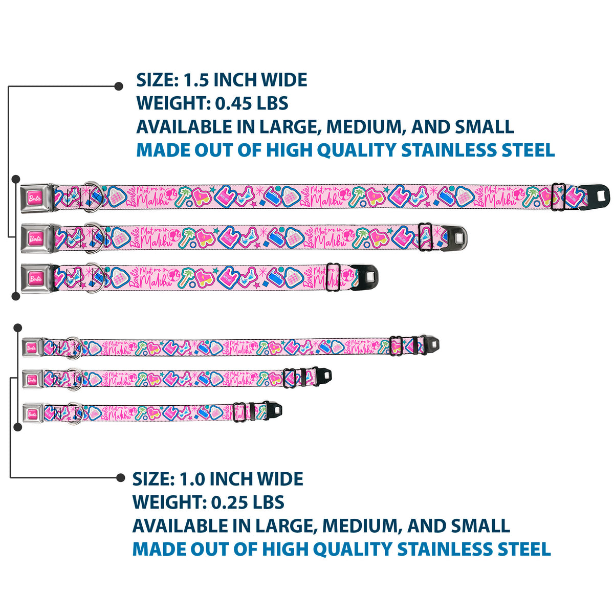 BARBIE Script Signature Full Color Hot Pink/White Seatbelt Buckle Collar - BARBIE MEET ME IN MALIBU Icons Collage Pink/Multi Color Dog Collars Seatbelt Buckle Barbie