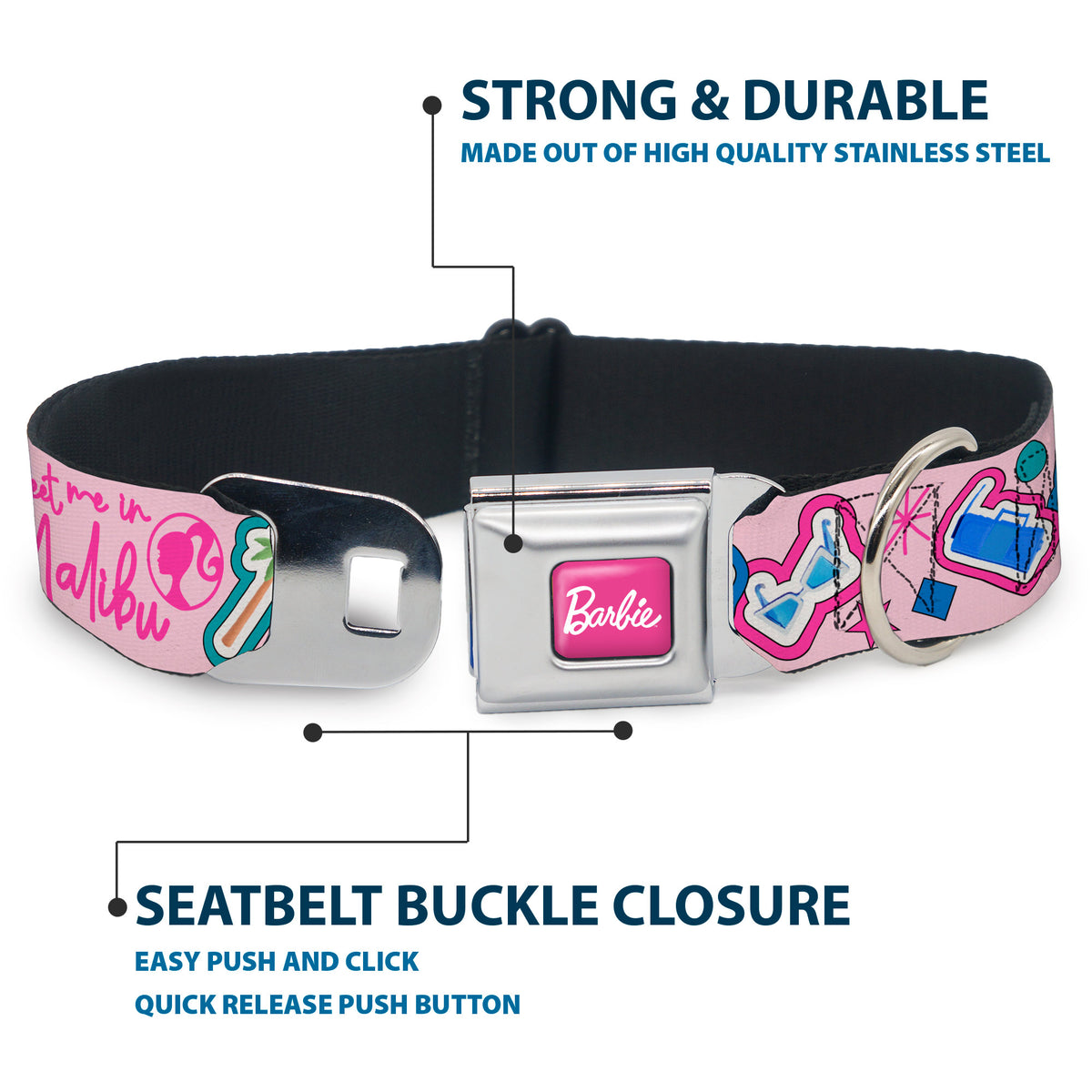 BARBIE Script Signature Full Color Hot Pink/White Seatbelt Buckle Collar - BARBIE MEET ME IN MALIBU Icons Collage Pink/Multi Color Dog Collars Seatbelt Buckle Barbie