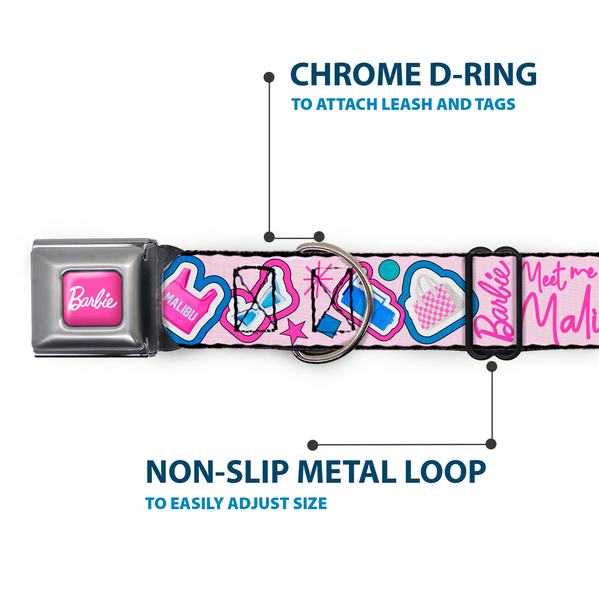 BARBIE Script Signature Full Color Hot Pink/White Seatbelt Buckle Collar - BARBIE MEET ME IN MALIBU Icons Collage Pink/Multi Color Dog Collars Seatbelt Buckle Barbie