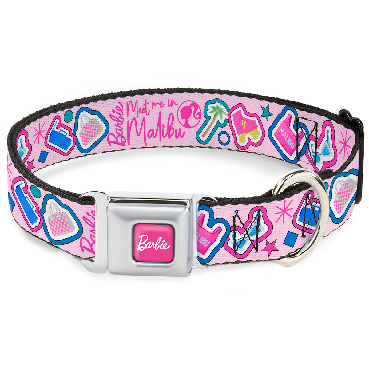 BARBIE Script Signature Full Color Hot Pink/White Seatbelt Buckle Collar - BARBIE MEET ME IN MALIBU Icons Collage Pink/Multi Color Dog Collars Seatbelt Buckle Barbie