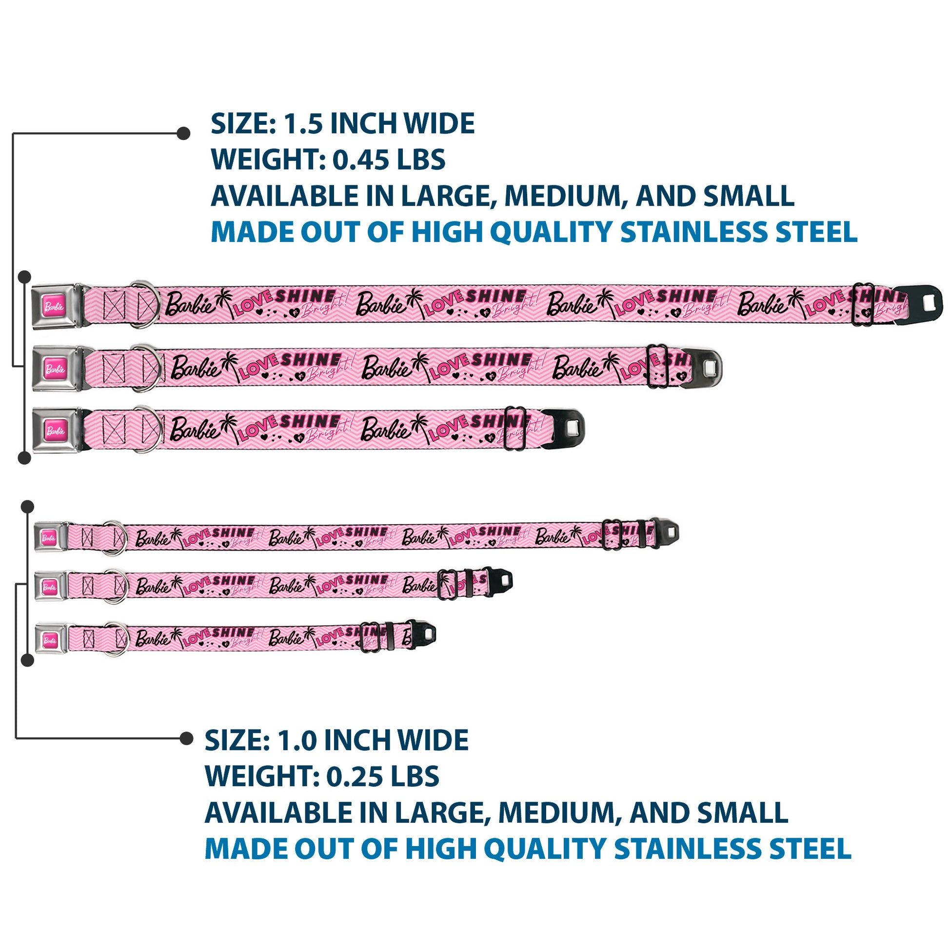 BARBIE Script Signature Full Color Hot Pink/White Seatbelt Buckle Collar - BARBIE LOVE SHINE BRIGHT Chevron Striping Pinks Seatbelt Buckle Collars Barbie