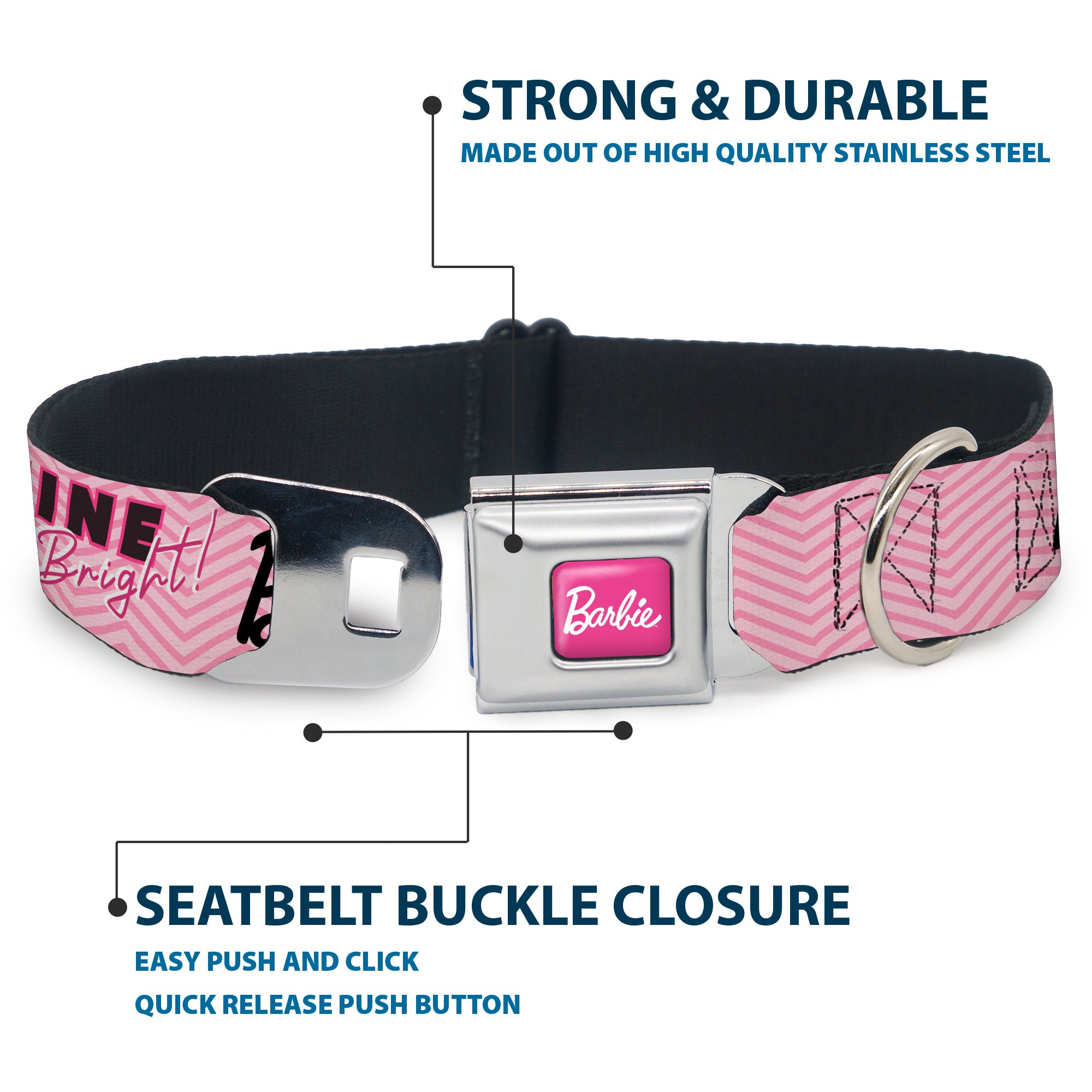 BARBIE Script Signature Full Color Hot Pink/White Seatbelt Buckle Collar - BARBIE LOVE SHINE BRIGHT Chevron Striping Pinks Seatbelt Buckle Collars Barbie