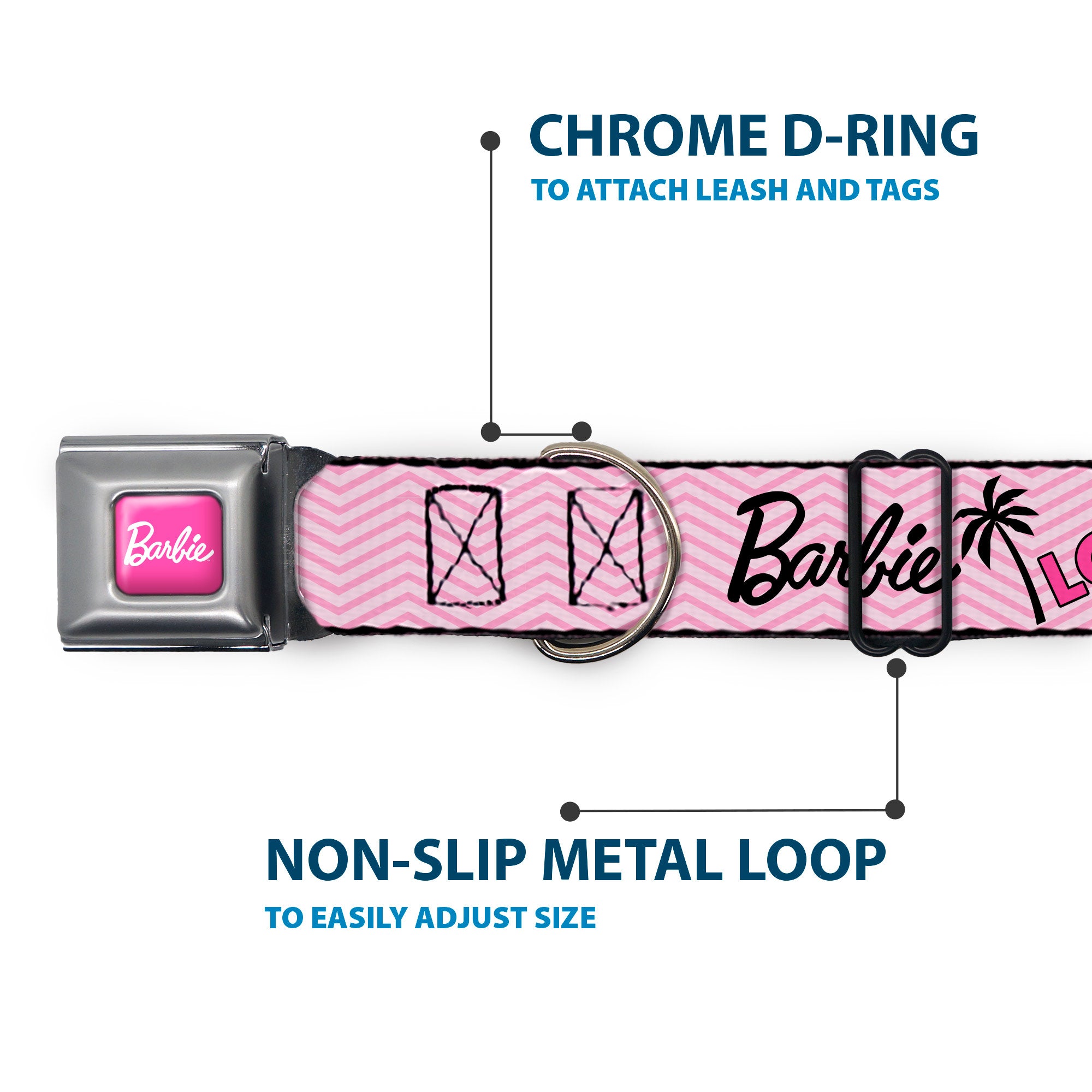 BARBIE Script Signature Full Color Hot Pink/White Seatbelt Buckle Collar - BARBIE LOVE SHINE BRIGHT Chevron Striping Pinks Seatbelt Buckle Collars Barbie