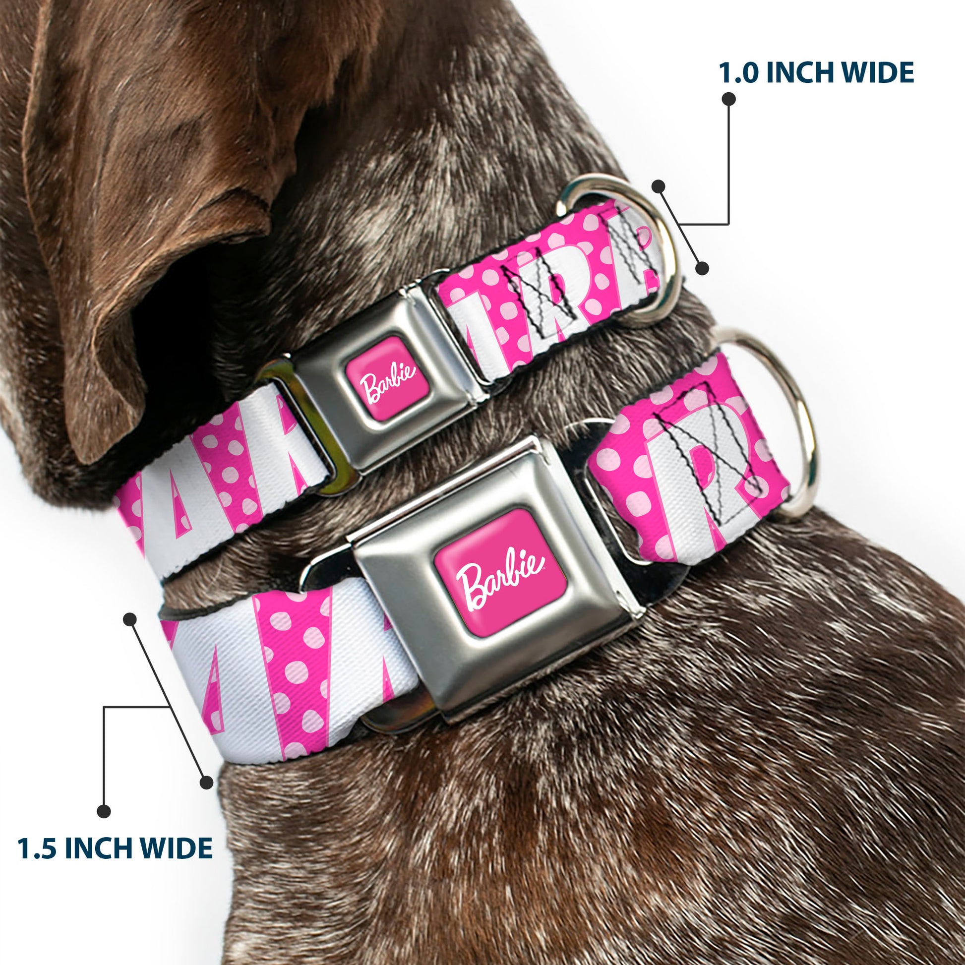 BARBIE Script Signature Full Color Hot Pink/White Seatbelt Buckle Collar - BARBIE Text and Polka Dots Pinks/White Seatbelt Buckle Collars Barbie