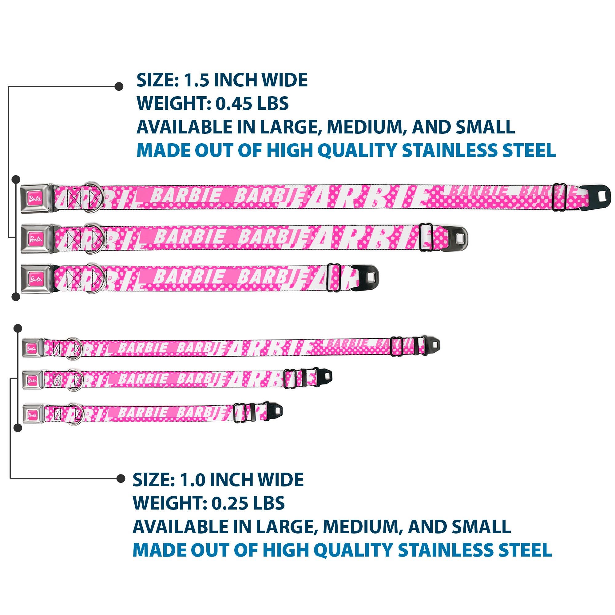 BARBIE Script Signature Full Color Hot Pink/White Seatbelt Buckle Collar - BARBIE Text and Polka Dots Pinks/White Seatbelt Buckle Collars Barbie