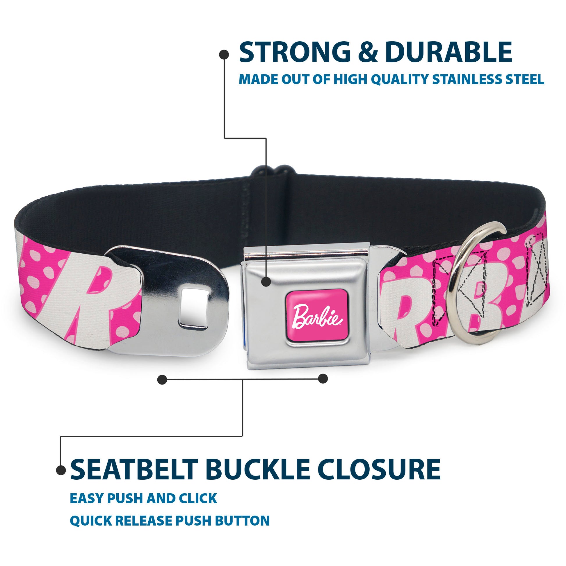 BARBIE Script Signature Full Color Hot Pink/White Seatbelt Buckle Collar - BARBIE Text and Polka Dots Pinks/White Seatbelt Buckle Collars Barbie
