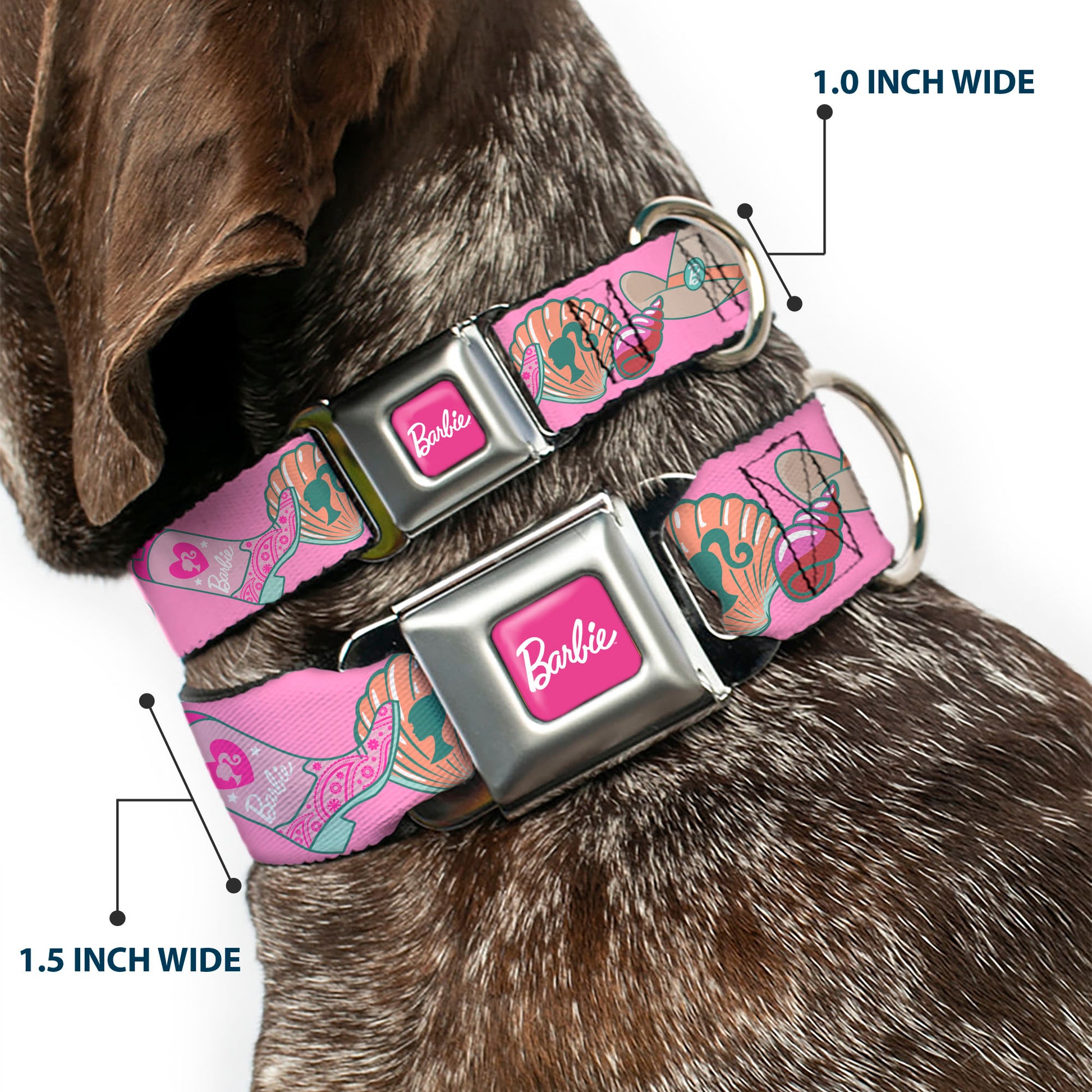 BARBIE Script Signature Full Color Hot Pink/White Seatbelt Buckle Collar - BARBIE BEACH COWGIRL Icons Collage Pinks/Blues Seatbelt Buckle Collars Barbie