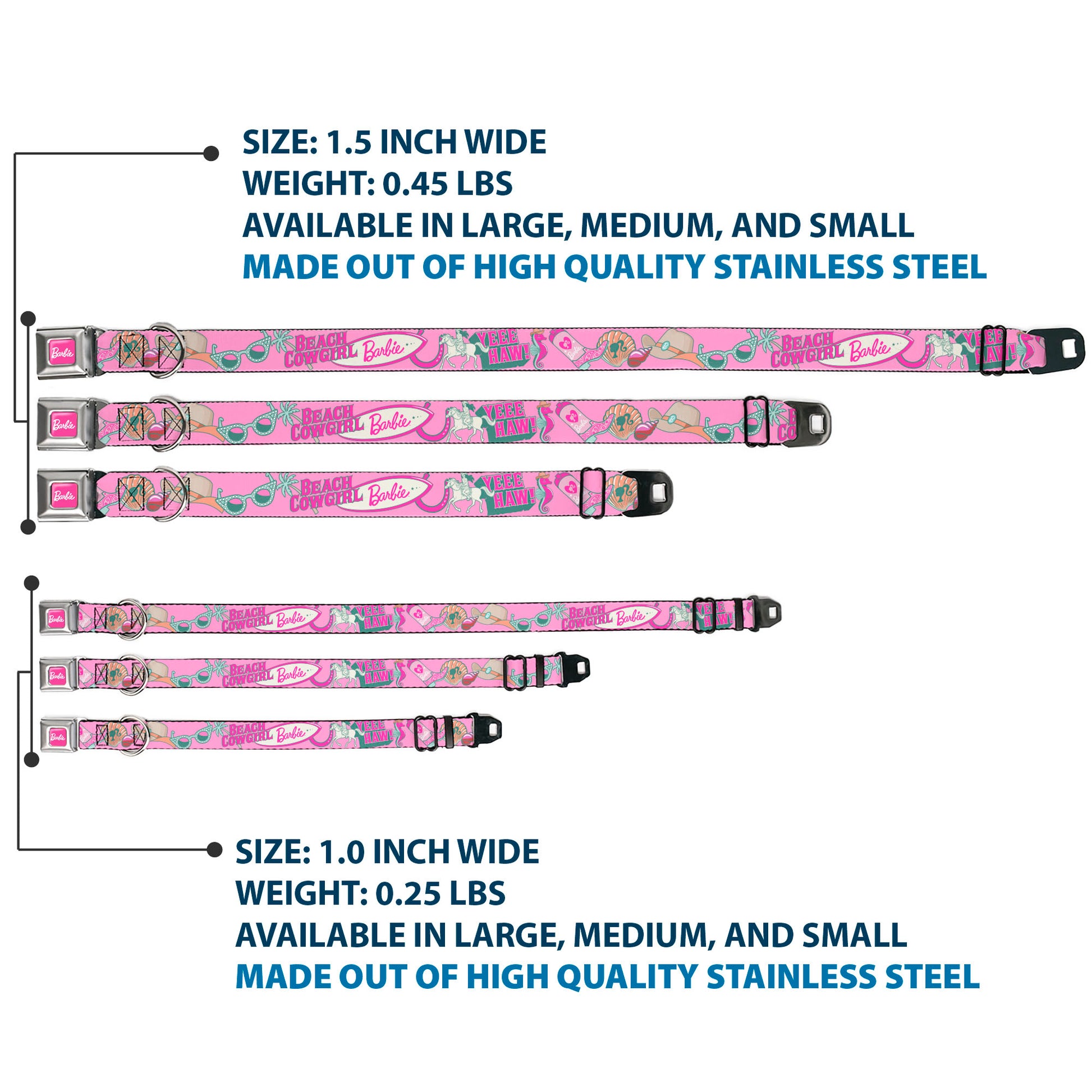BARBIE Script Signature Full Color Hot Pink/White Seatbelt Buckle Collar - BARBIE BEACH COWGIRL Icons Collage Pinks/Blues Seatbelt Buckle Collars Barbie