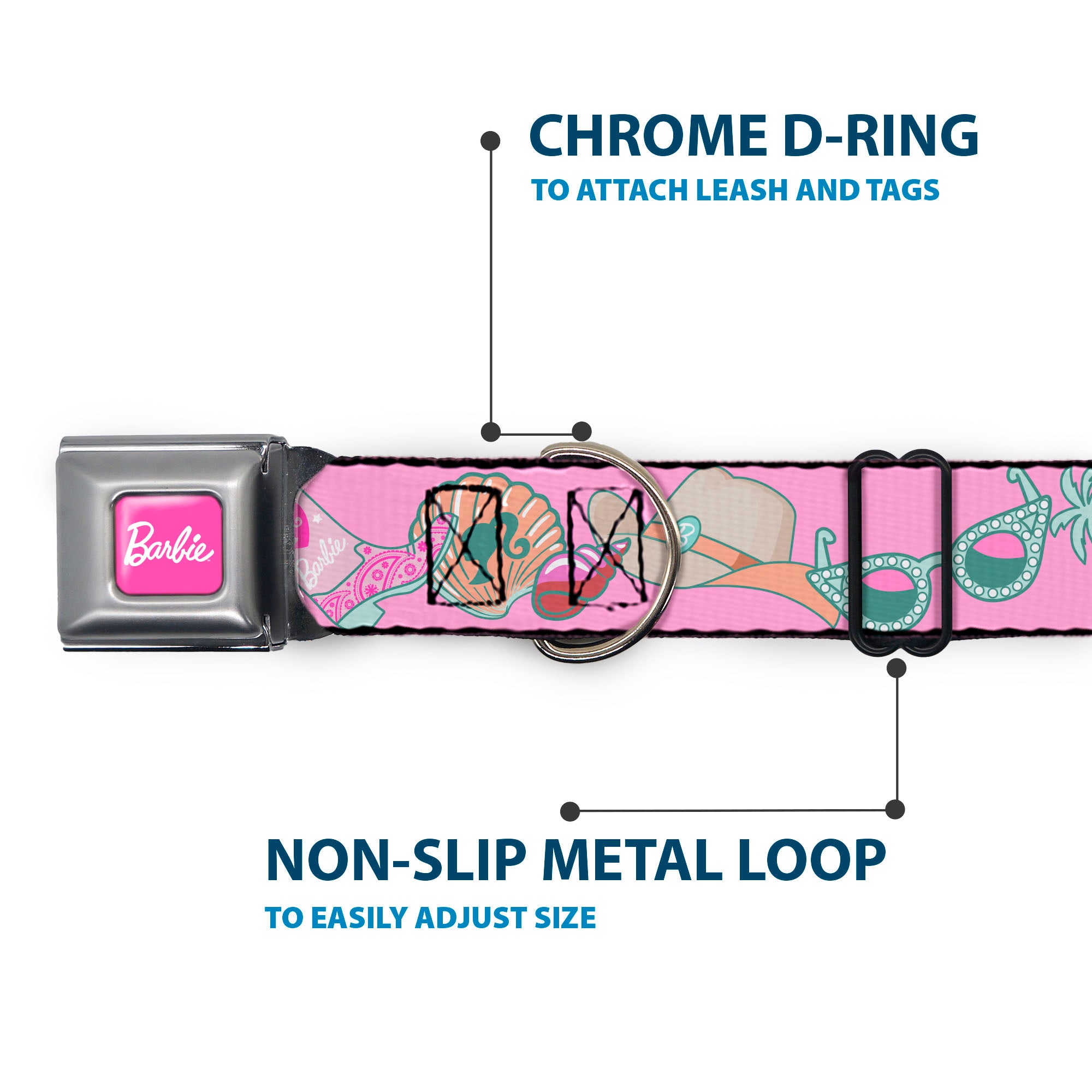 BARBIE Script Signature Full Color Hot Pink/White Seatbelt Buckle Collar - BARBIE BEACH COWGIRL Icons Collage Pinks/Blues Seatbelt Buckle Collars Barbie