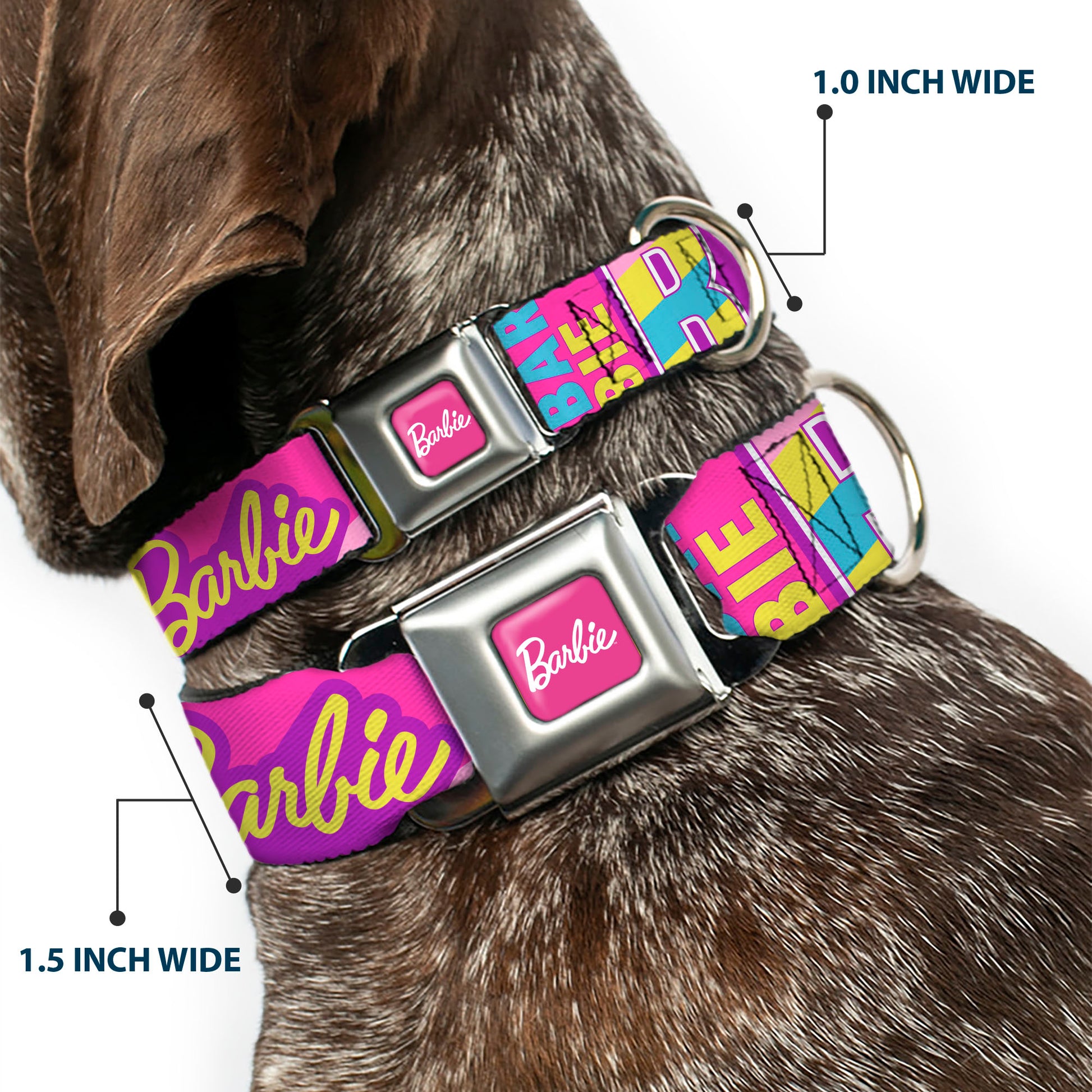 BARBIE Script Signature Full Color Hot Pink/White Seatbelt Buckle Collar - Barbie Text and Dolls Collage Pinks/Multi Color Seatbelt Buckle Collars Barbie