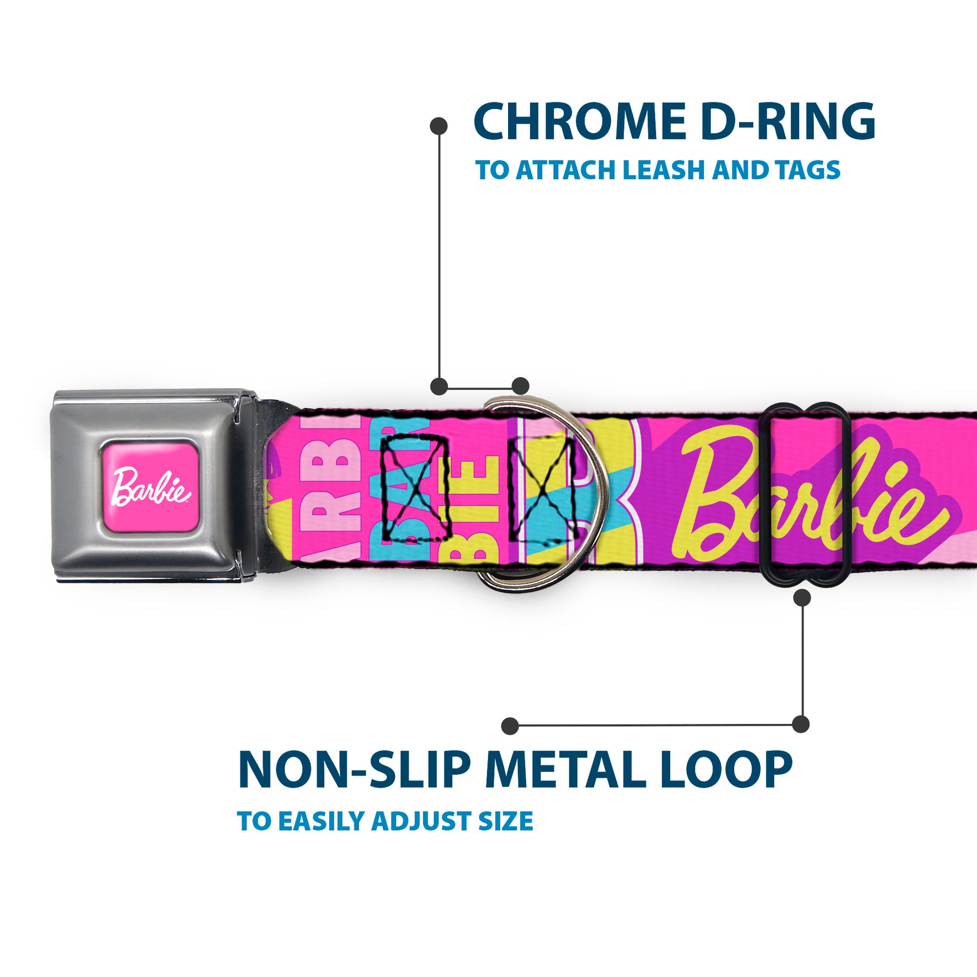 BARBIE Script Signature Full Color Hot Pink/White Seatbelt Buckle Collar - Barbie Text and Dolls Collage Pinks/Multi Color Seatbelt Buckle Collars Barbie