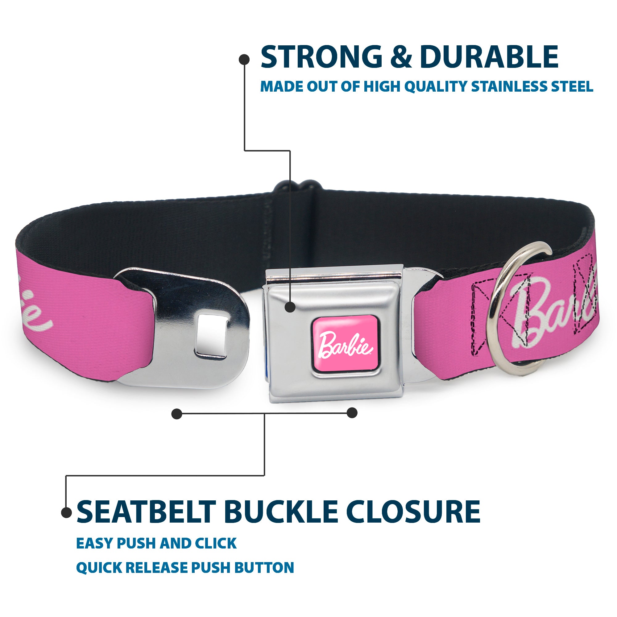 BARBIE Script Signature Full Color Pink/White Seatbelt Buckle Collar - BARBIE Script Signature Logo Pink/White Seatbelt Buckle Collars Barbie