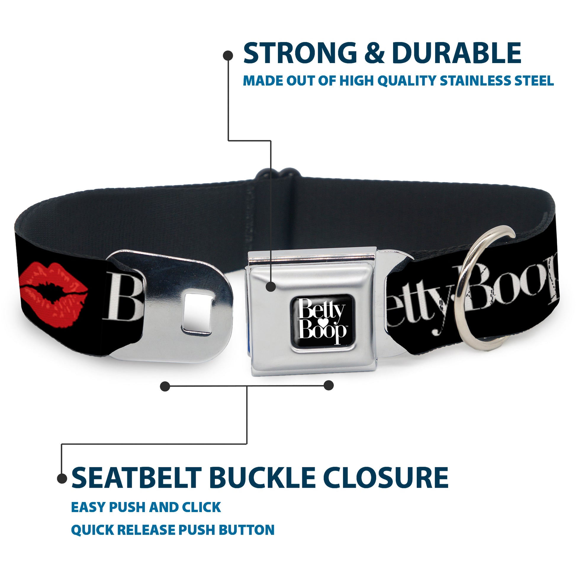 BETTY BOOP Text Heart Logo Full Color Black/White Seatbelt Buckle Collar - BETTY BOOP Text and Kiss Black/White/Red Seatbelt Buckle Collars Betty Boop