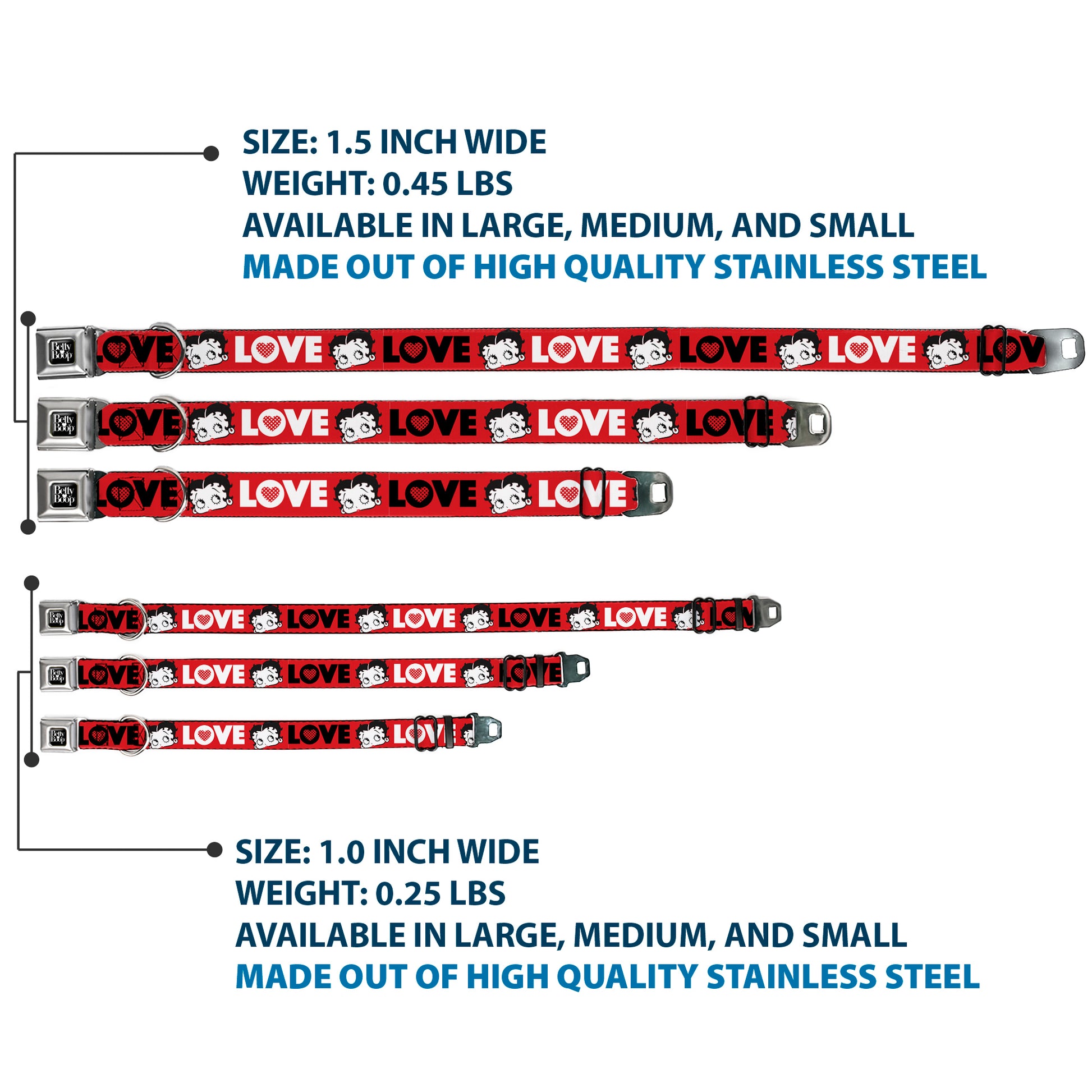 BETTY BOOP Text Heart Logo Full Color Black/White Seatbelt Buckle Collar - Betty Boop Face and LOVE Text Red/Black/White Seatbelt Buckle Collars Betty Boop