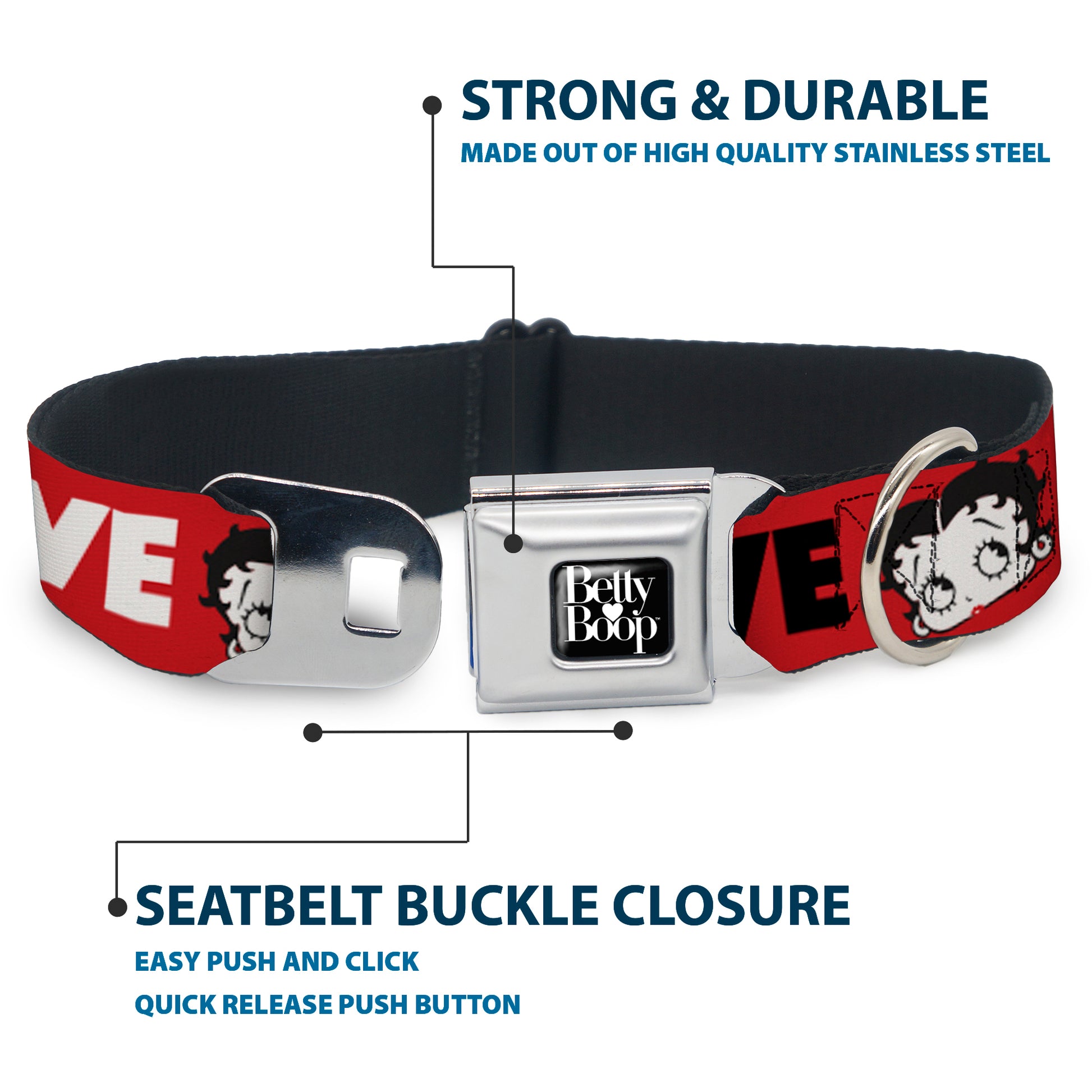 BETTY BOOP Text Heart Logo Full Color Black/White Seatbelt Buckle Collar - Betty Boop Face and LOVE Text Red/Black/White Seatbelt Buckle Collars Betty Boop