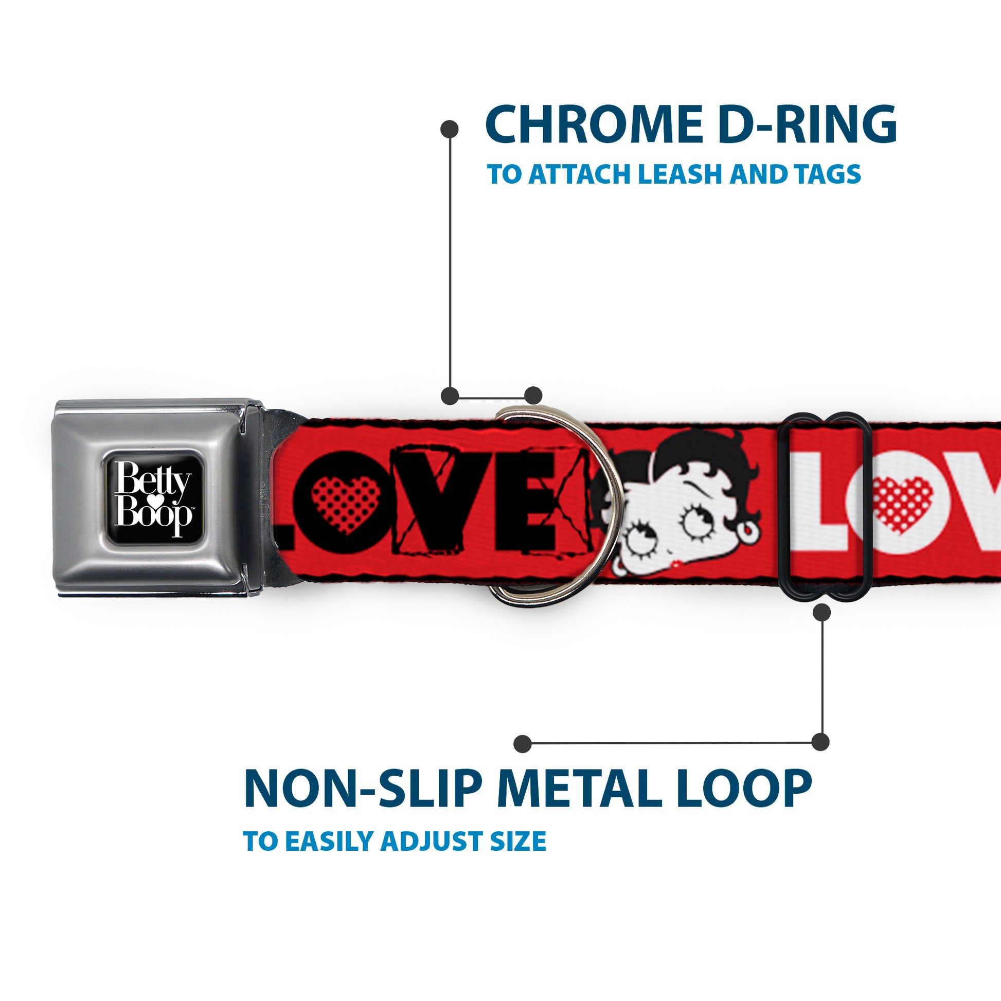 BETTY BOOP Text Heart Logo Full Color Black/White Seatbelt Buckle Collar - Betty Boop Face and LOVE Text Red/Black/White Seatbelt Buckle Collars Betty Boop