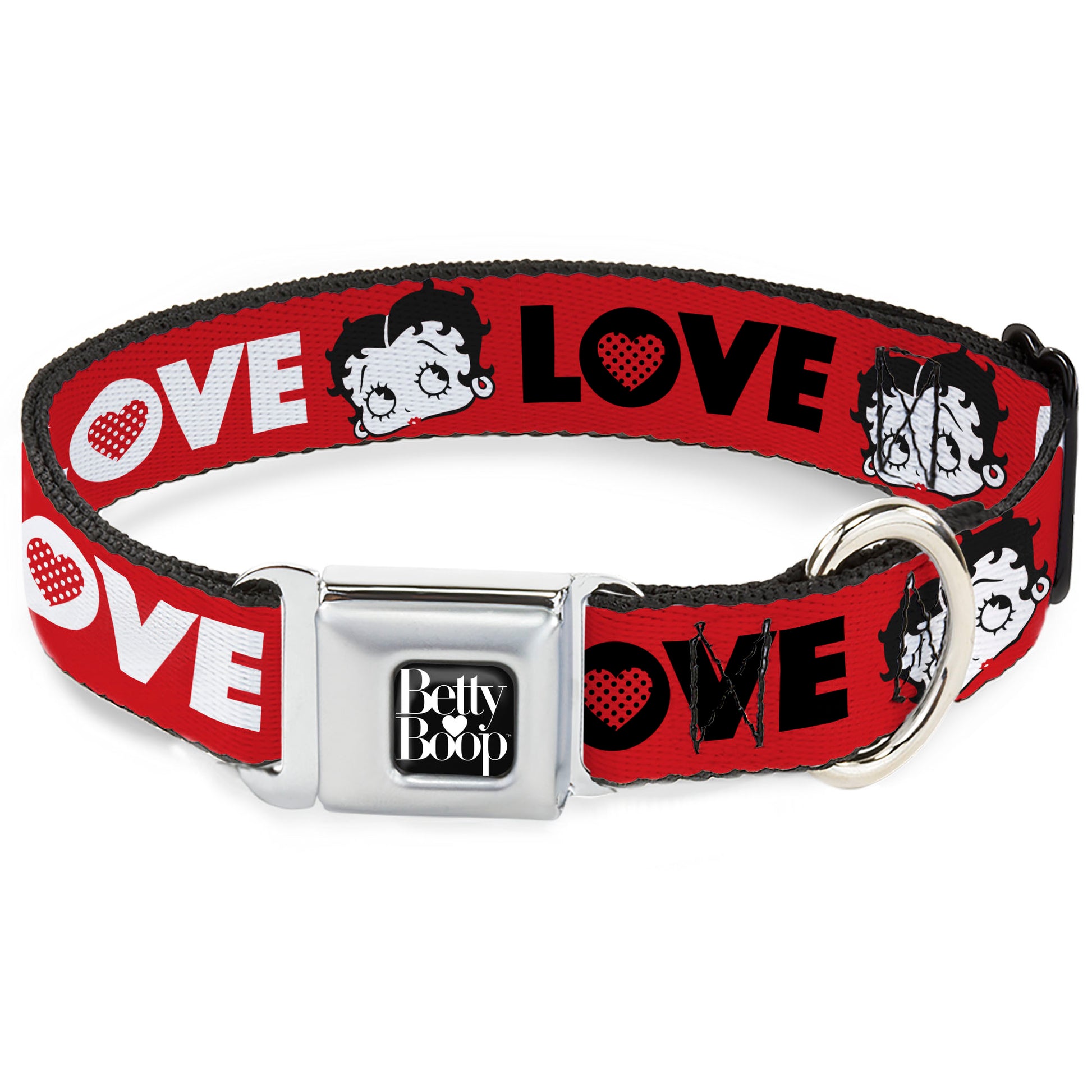 BETTY BOOP Text Heart Logo Full Color Black/White Seatbelt Buckle Collar - Betty Boop Face and LOVE Text Red/Black/White Seatbelt Buckle Collars Betty Boop