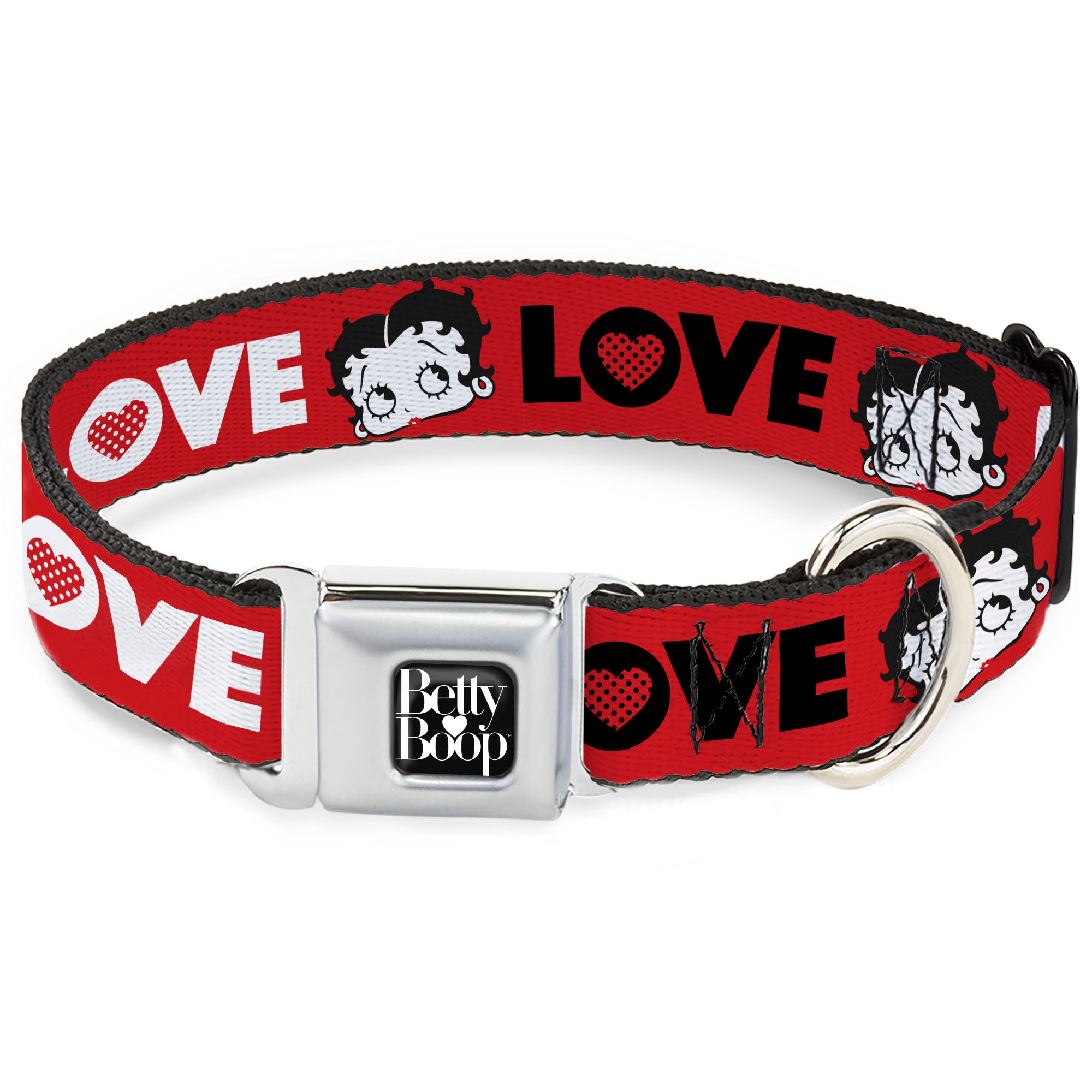 BETTY BOOP Text Heart Logo Full Color Black/White Seatbelt Buckle Collar - Betty Boop Face and LOVE Text Red/Black/White Seatbelt Buckle Collars Betty Boop
