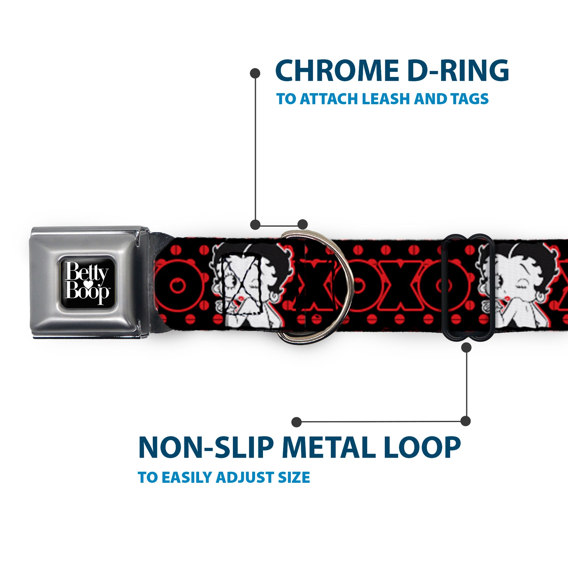 BETTY BOOP Text Heart Logo Full Color Black/White Seatbelt Buckle Collar - Betty Boop Winking Kiss Pose with XOXO Text Polka Dot Black/Red/White Seatbelt Buckle Collars Betty Boop