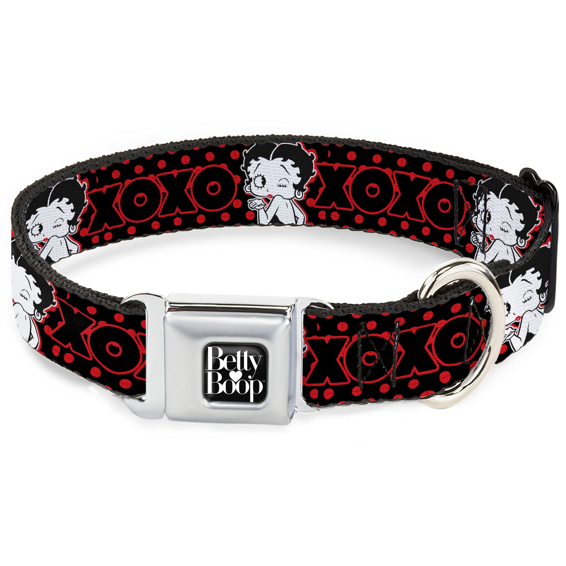 BETTY BOOP Text Heart Logo Full Color Black/White Seatbelt Buckle Collar - Betty Boop Winking Kiss Pose with XOXO Text Polka Dot Black/Red/White Seatbelt Buckle Collars Betty Boop