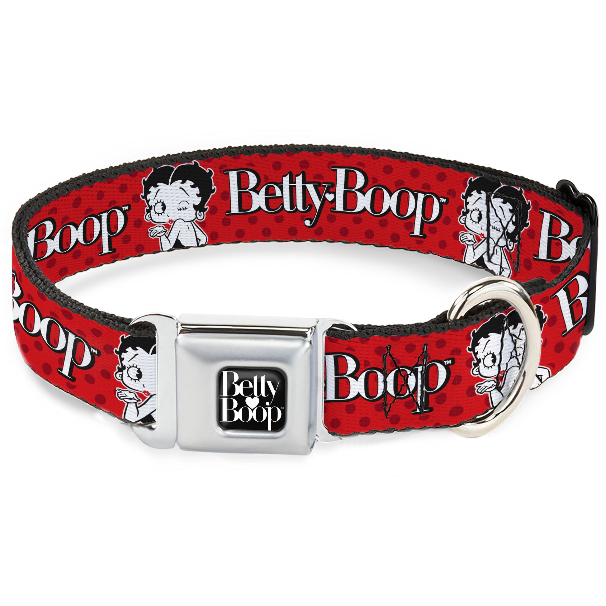 BETTY BOOP Text Heart Logo Full Color Black/White Seatbelt Buckle Collar - BETTY BOOP Winking Kiss Pose and Text Reds/Black/White Seatbelt Buckle Collars Betty Boop
