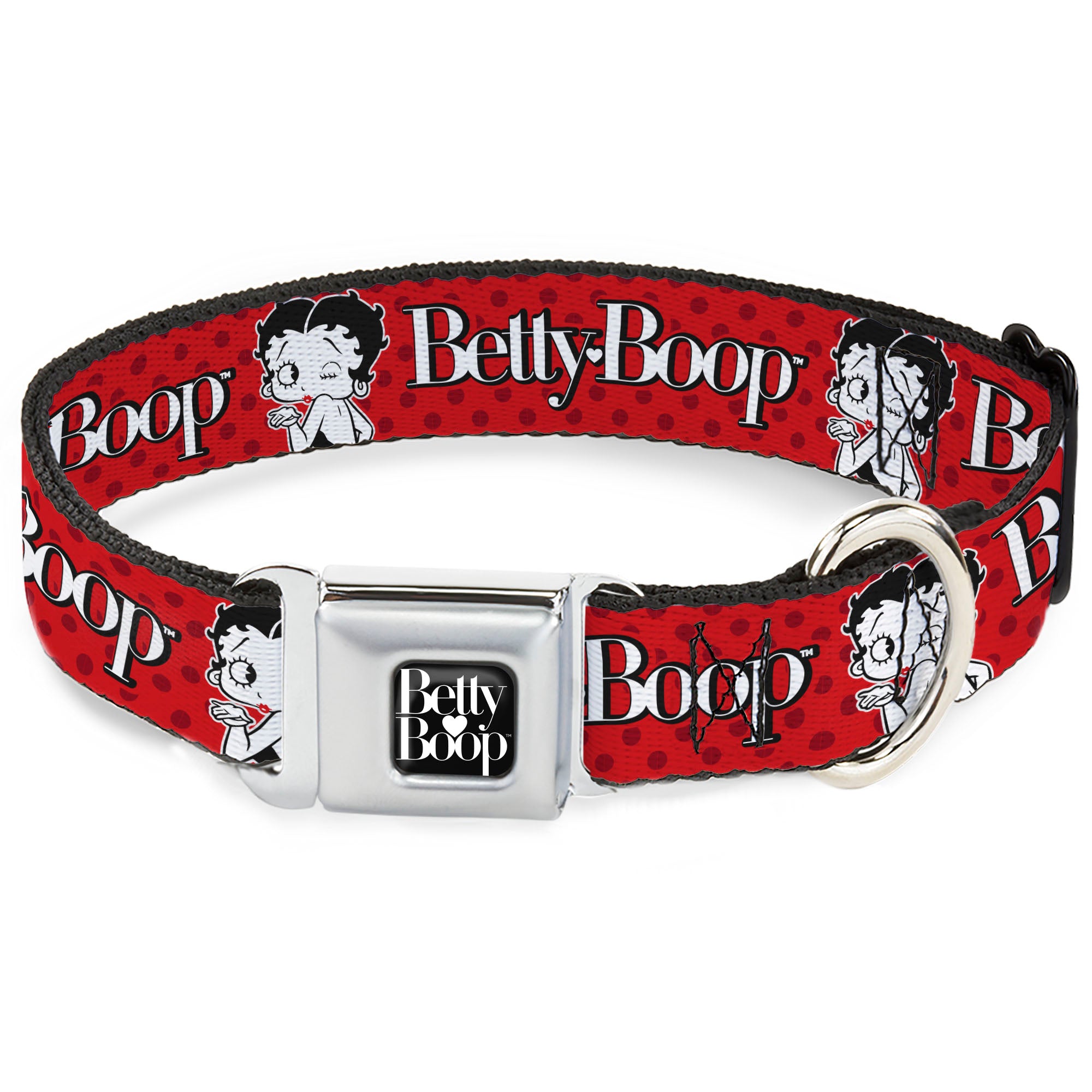 BETTY BOOP Text Heart Logo Full Color Black/White Seatbelt Buckle Collar - BETTY BOOP Winking Kiss Pose and Text Reds/Black/White Seatbelt Buckle Collars Betty Boop