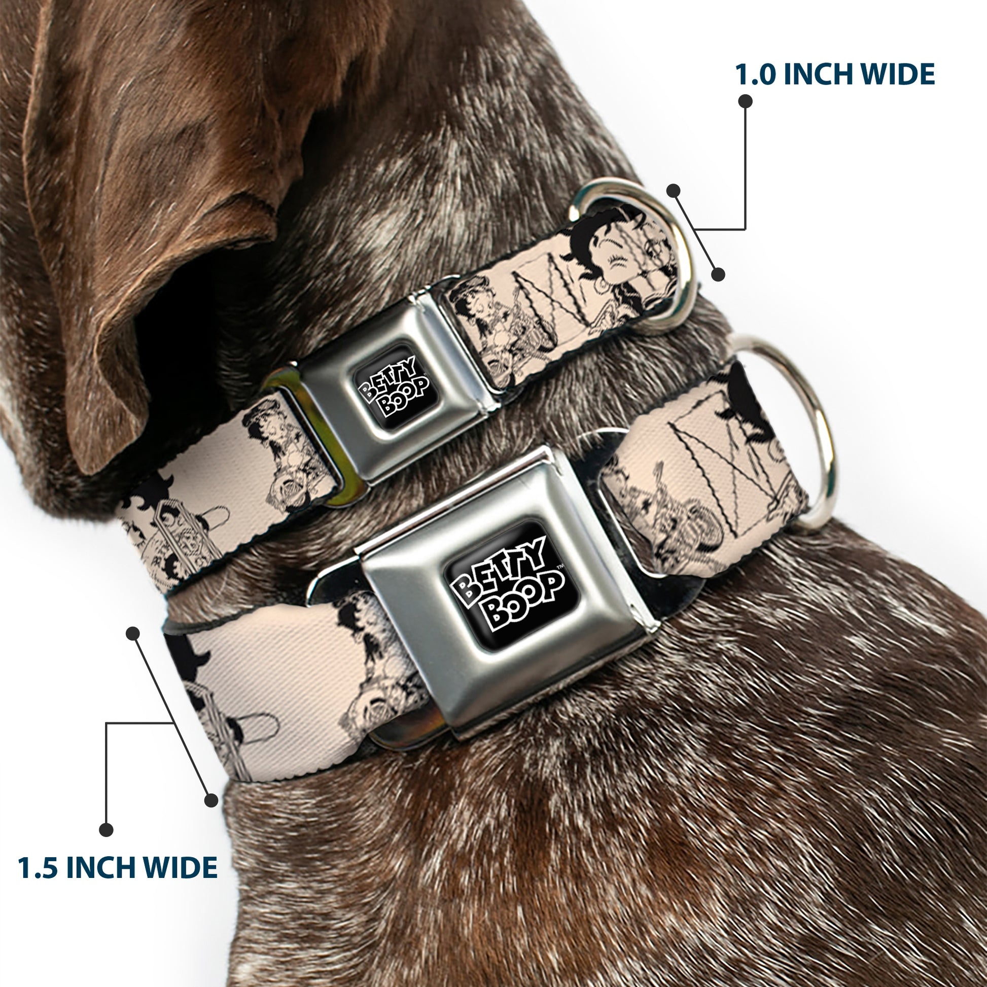 BETTY BOOP Text Heart Logo Full Color Black/White Seatbelt Buckle Collar - Betty Boop Biker Betty Poses Beige/Black Seatbelt Buckle Collars Betty Boop