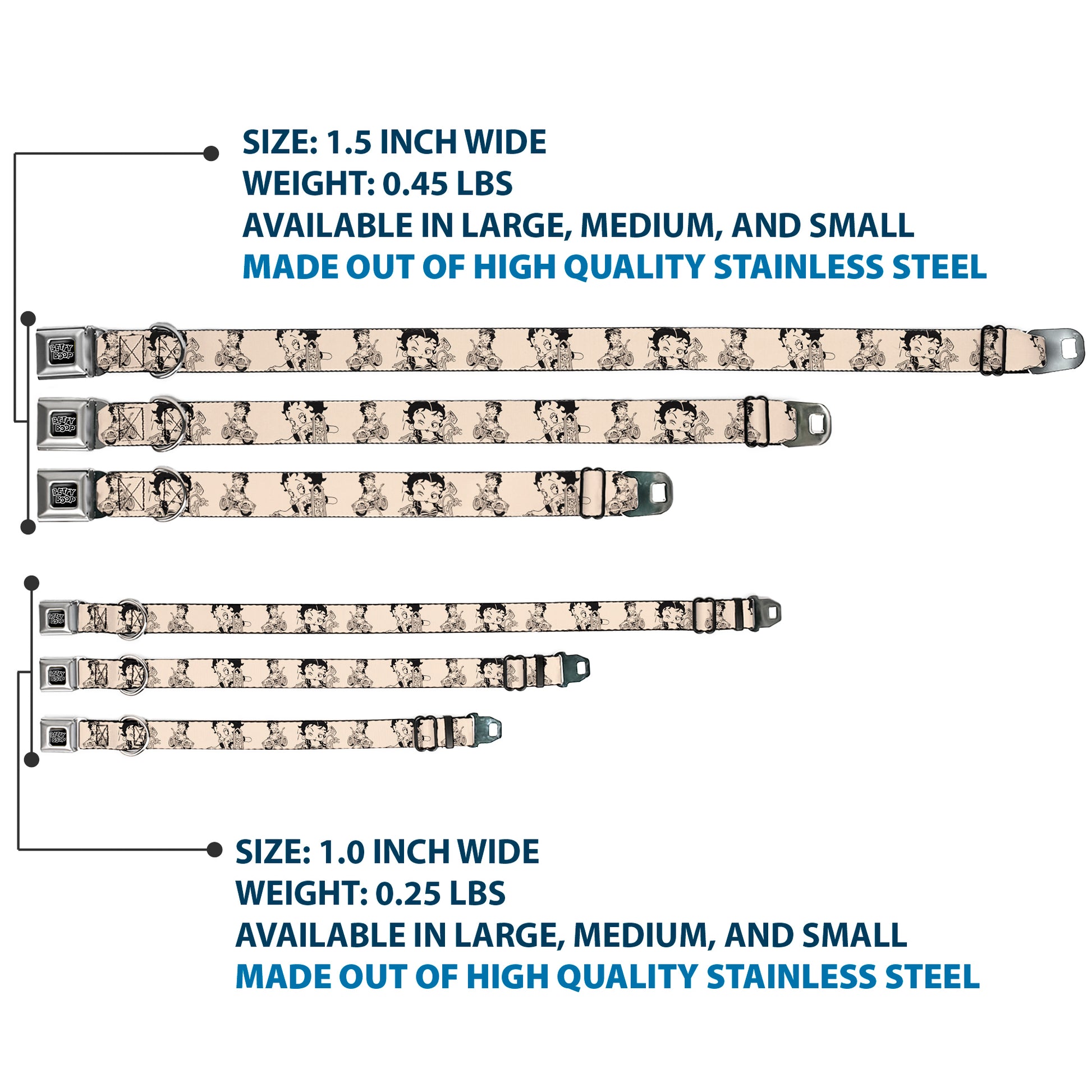 BETTY BOOP Text Heart Logo Full Color Black/White Seatbelt Buckle Collar - Betty Boop Biker Betty Poses Beige/Black Seatbelt Buckle Collars Betty Boop