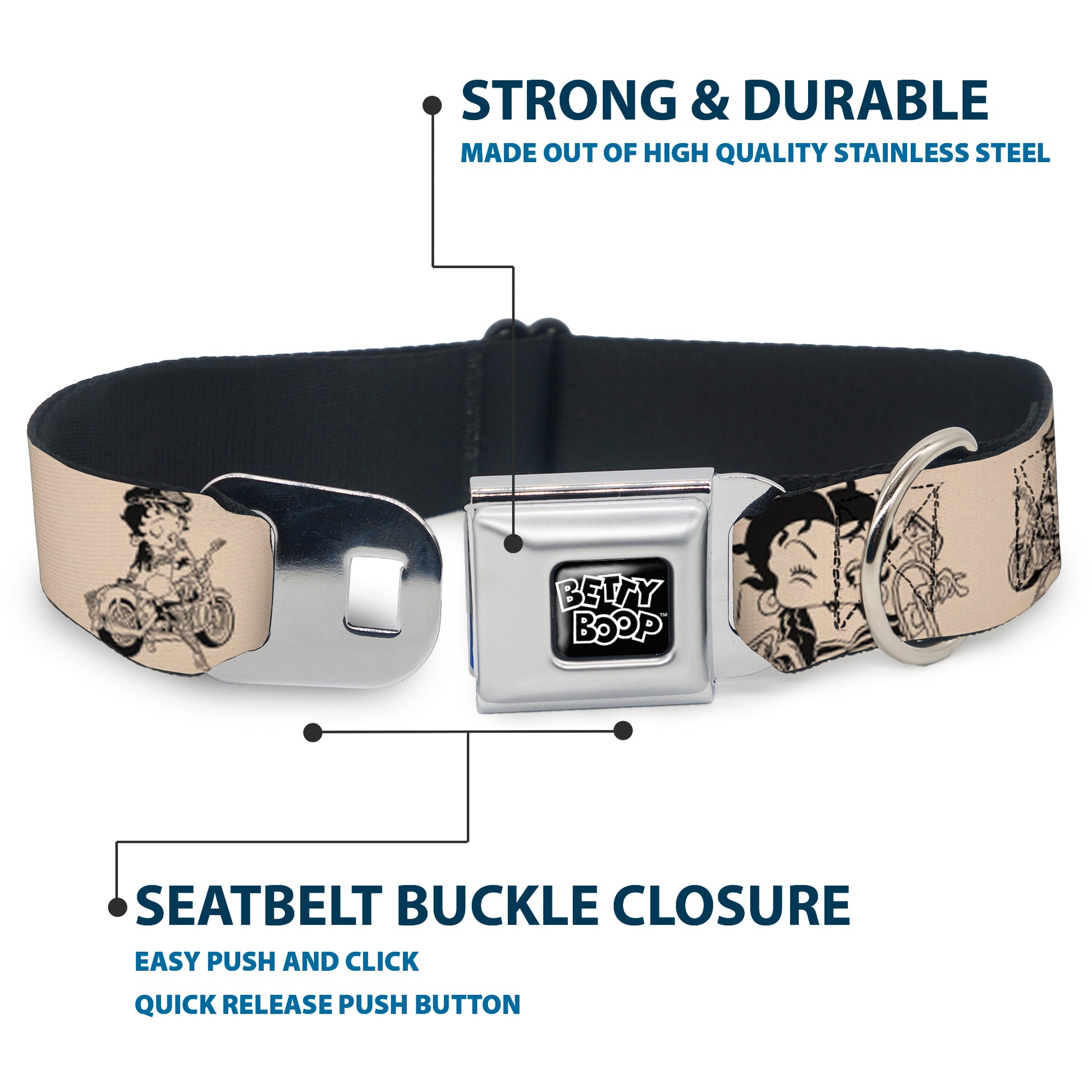 BETTY BOOP Text Heart Logo Full Color Black/White Seatbelt Buckle Collar - Betty Boop Biker Betty Poses Beige/Black Seatbelt Buckle Collars Betty Boop