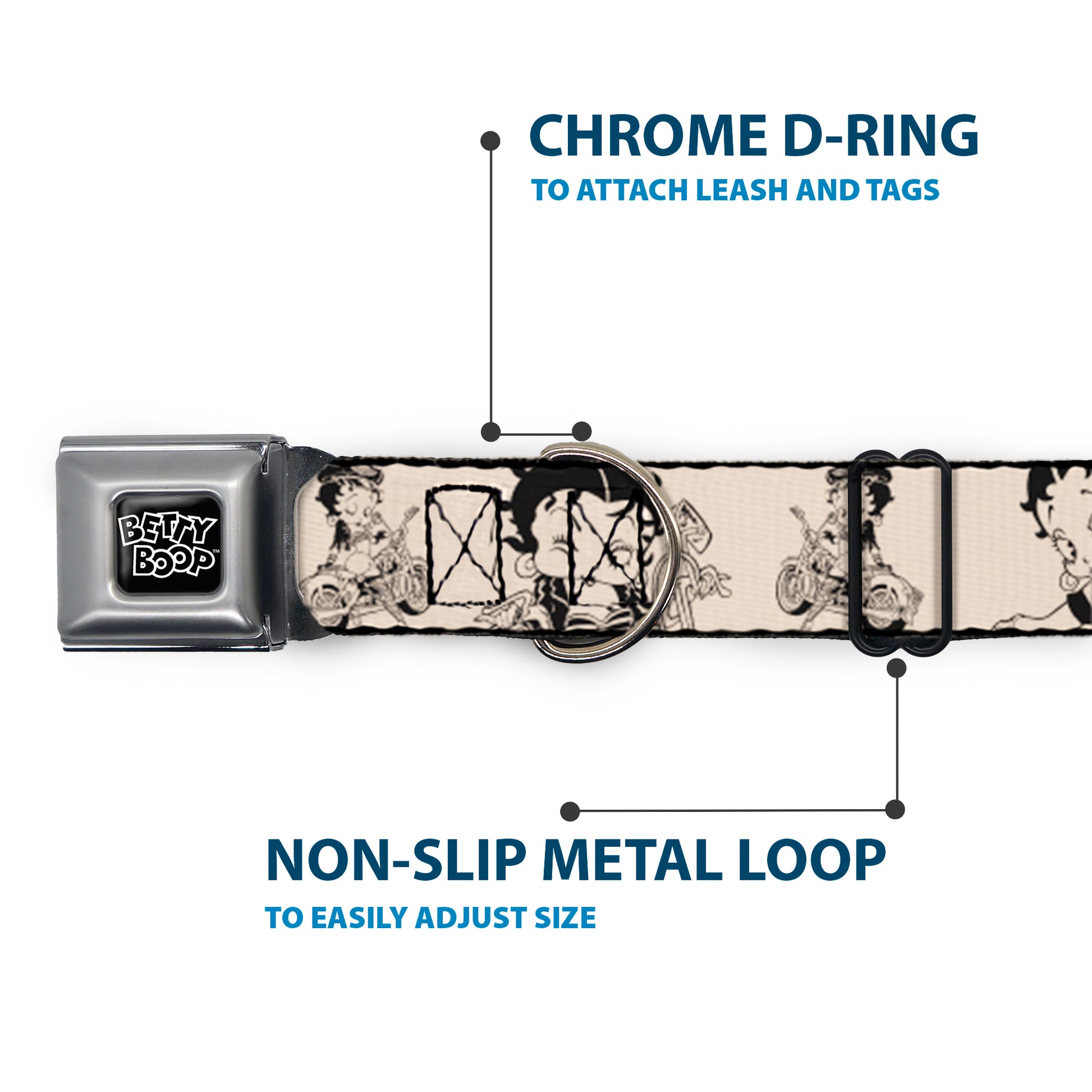 BETTY BOOP Text Heart Logo Full Color Black/White Seatbelt Buckle Collar - Betty Boop Biker Betty Poses Beige/Black Seatbelt Buckle Collars Betty Boop