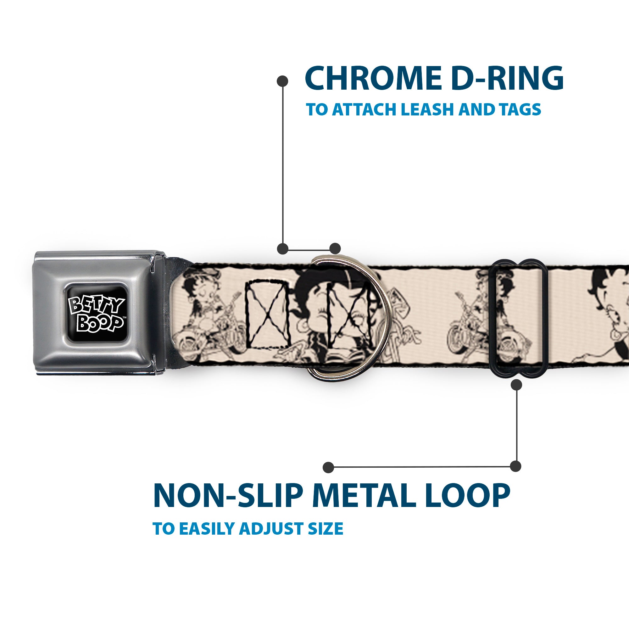 BETTY BOOP Text Heart Logo Full Color Black/White Seatbelt Buckle Collar - Betty Boop Biker Betty Poses Beige/Black Seatbelt Buckle Collars Betty Boop