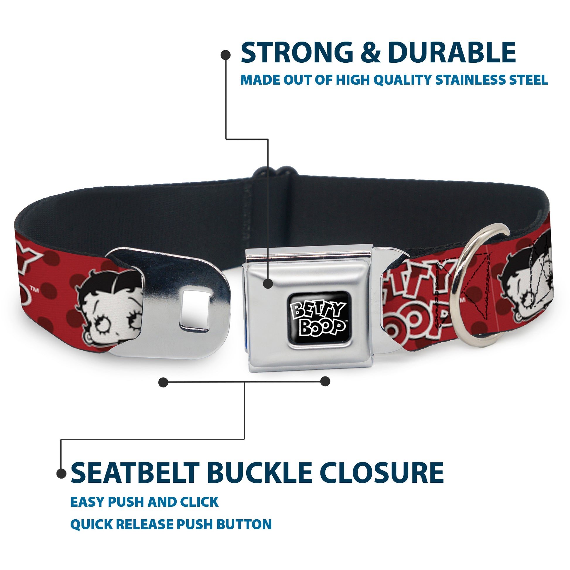 BETTY BOOP Text Heart Logo Full Color Black/White Seatbelt Buckle Collar - BETTY BOOP Face and Text Polka Dot Reds/Black/White Seatbelt Buckle Collars Betty Boop