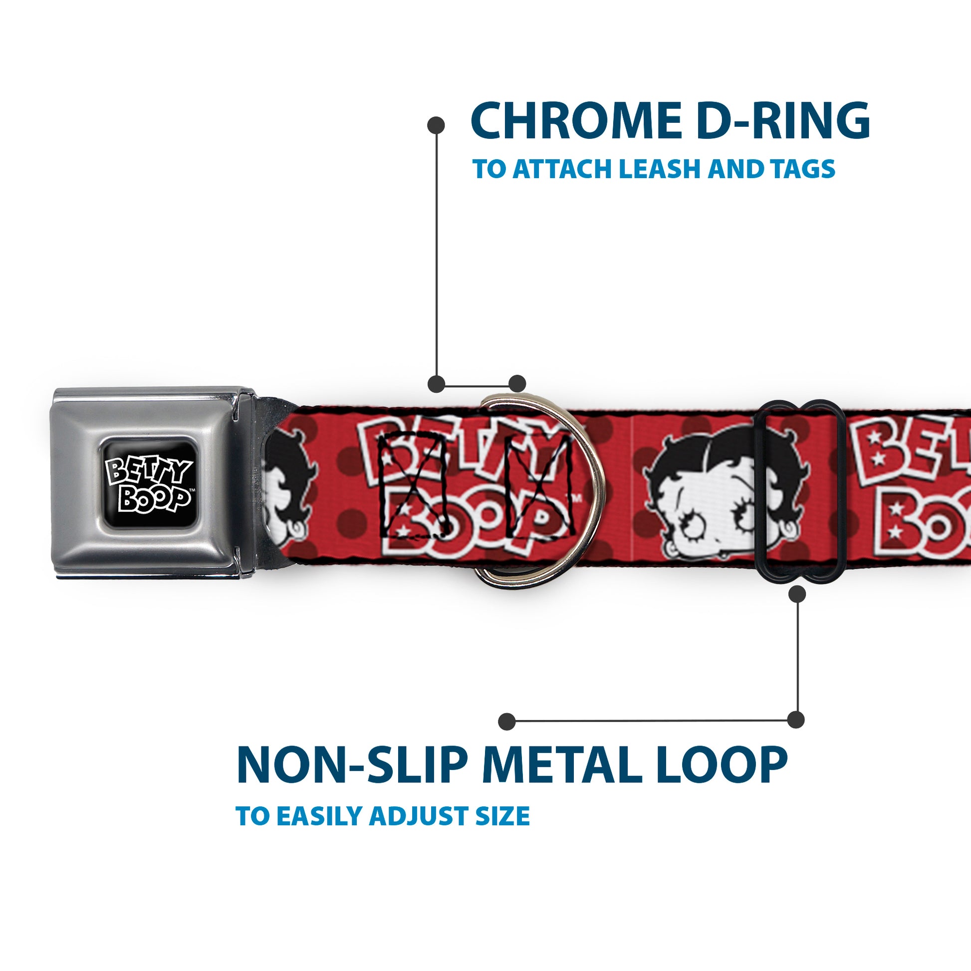 BETTY BOOP Text Heart Logo Full Color Black/White Seatbelt Buckle Collar - BETTY BOOP Face and Text Polka Dot Reds/Black/White Seatbelt Buckle Collars Betty Boop