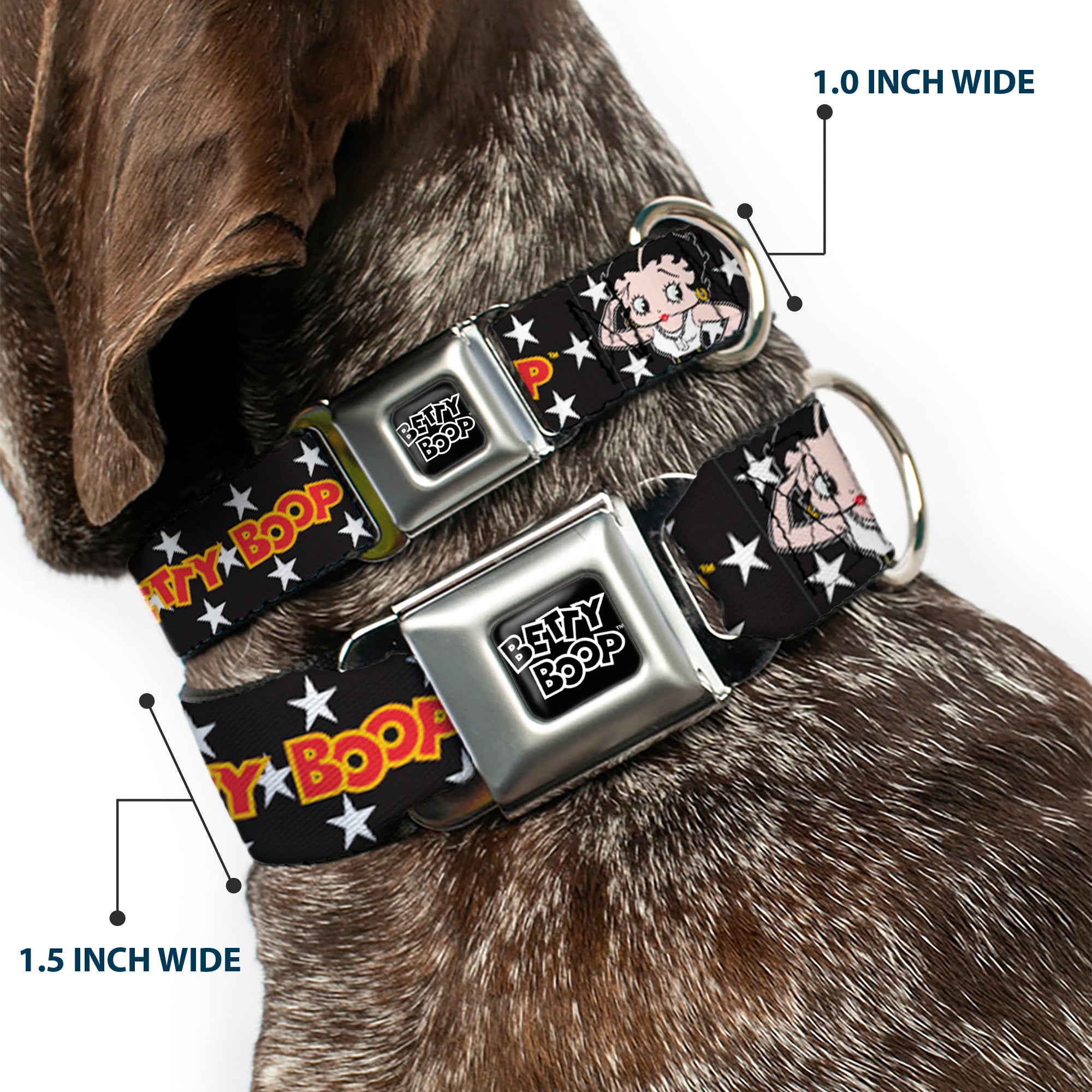 BETTY BOOP Text Heart Logo Full Color Black/White Seatbelt Buckle Collar - BETTY BOOP Salute Pose and Text Stars Black/White/Yellow/Red Seatbelt Buckle Collars Betty Boop