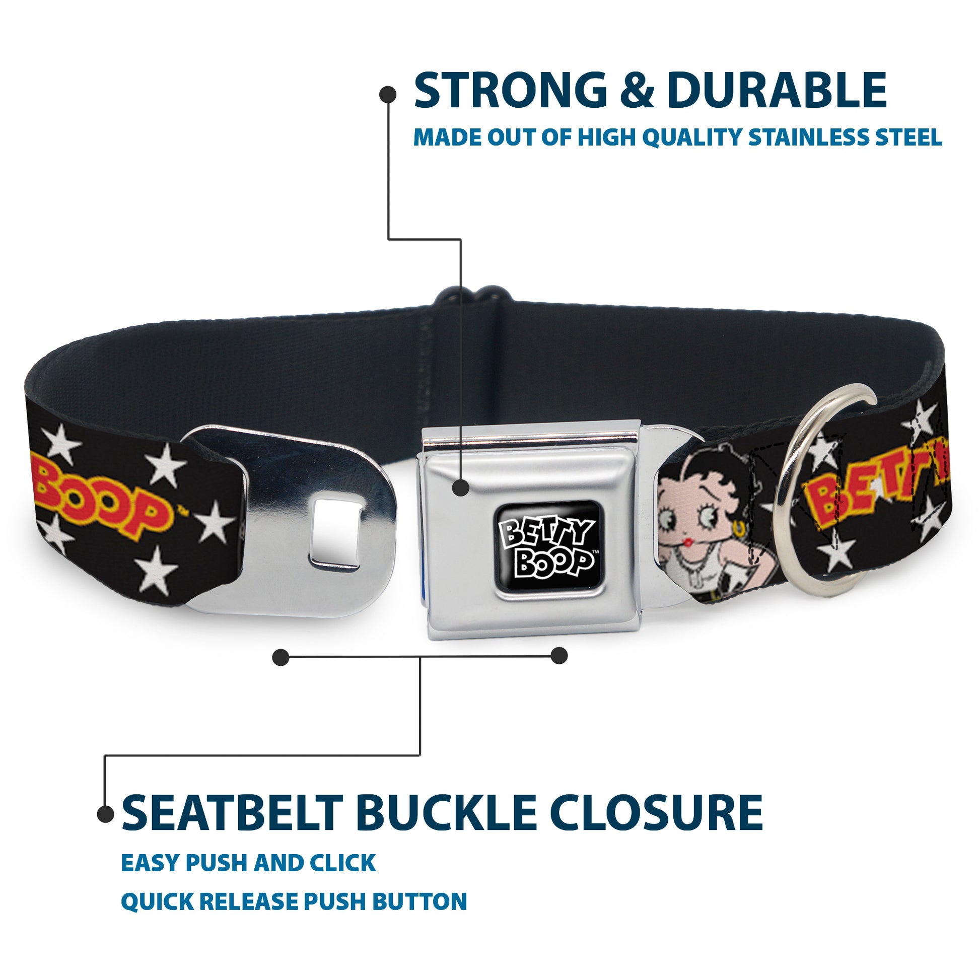 BETTY BOOP Text Heart Logo Full Color Black/White Seatbelt Buckle Collar - BETTY BOOP Salute Pose and Text Stars Black/White/Yellow/Red Seatbelt Buckle Collars Betty Boop