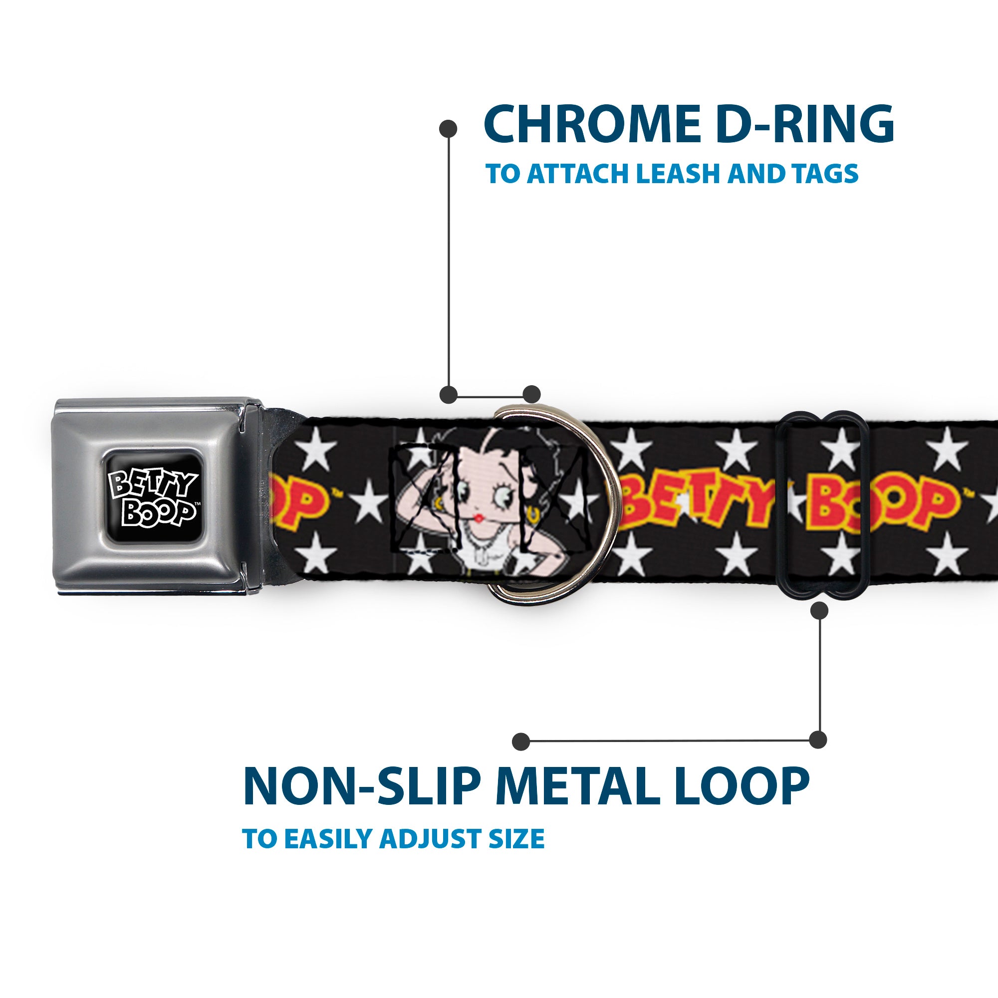 BETTY BOOP Text Heart Logo Full Color Black/White Seatbelt Buckle Collar - BETTY BOOP Salute Pose and Text Stars Black/White/Yellow/Red Seatbelt Buckle Collars Betty Boop