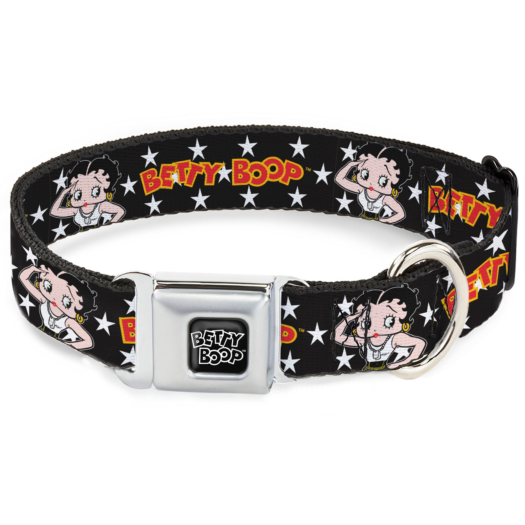 BETTY BOOP Text Heart Logo Full Color Black/White Seatbelt Buckle Collar - BETTY BOOP Salute Pose and Text Stars Black/White/Yellow/Red Seatbelt Buckle Collars Betty Boop