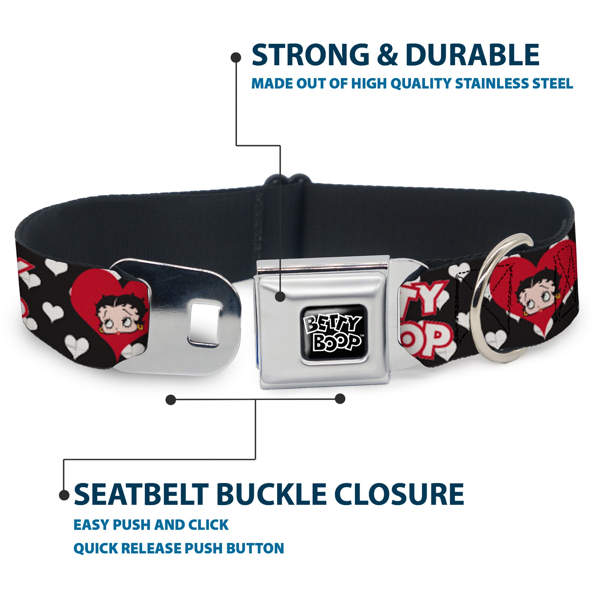 BETTY BOOP Text Heart Logo Full Color Black/White Seatbelt Buckle Collar - BETTY BOOP Face and Text Hearts Black/White/Red Seatbelt Buckle Collars Betty Boop