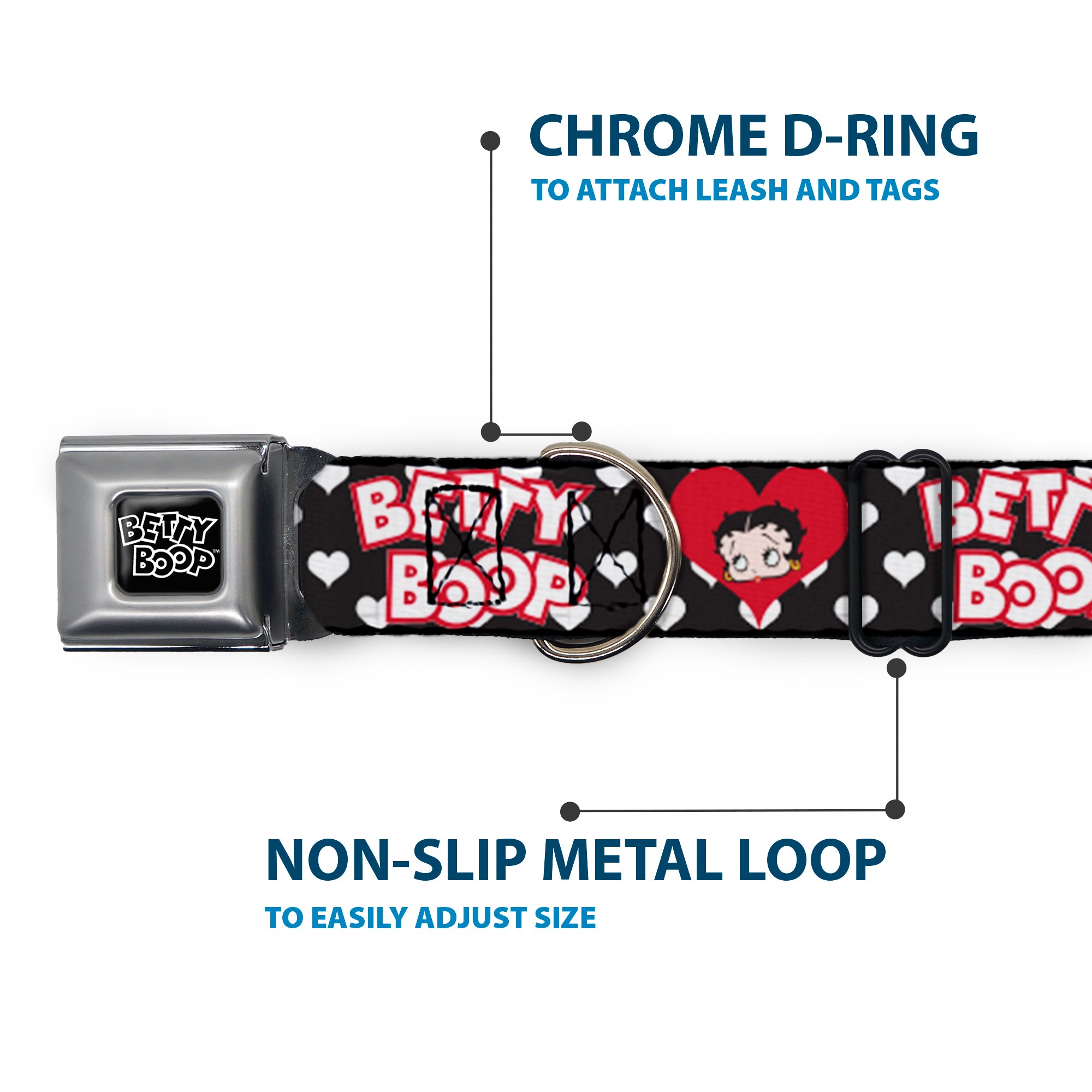 BETTY BOOP Text Heart Logo Full Color Black/White Seatbelt Buckle Collar - BETTY BOOP Face and Text Hearts Black/White/Red Seatbelt Buckle Collars Betty Boop